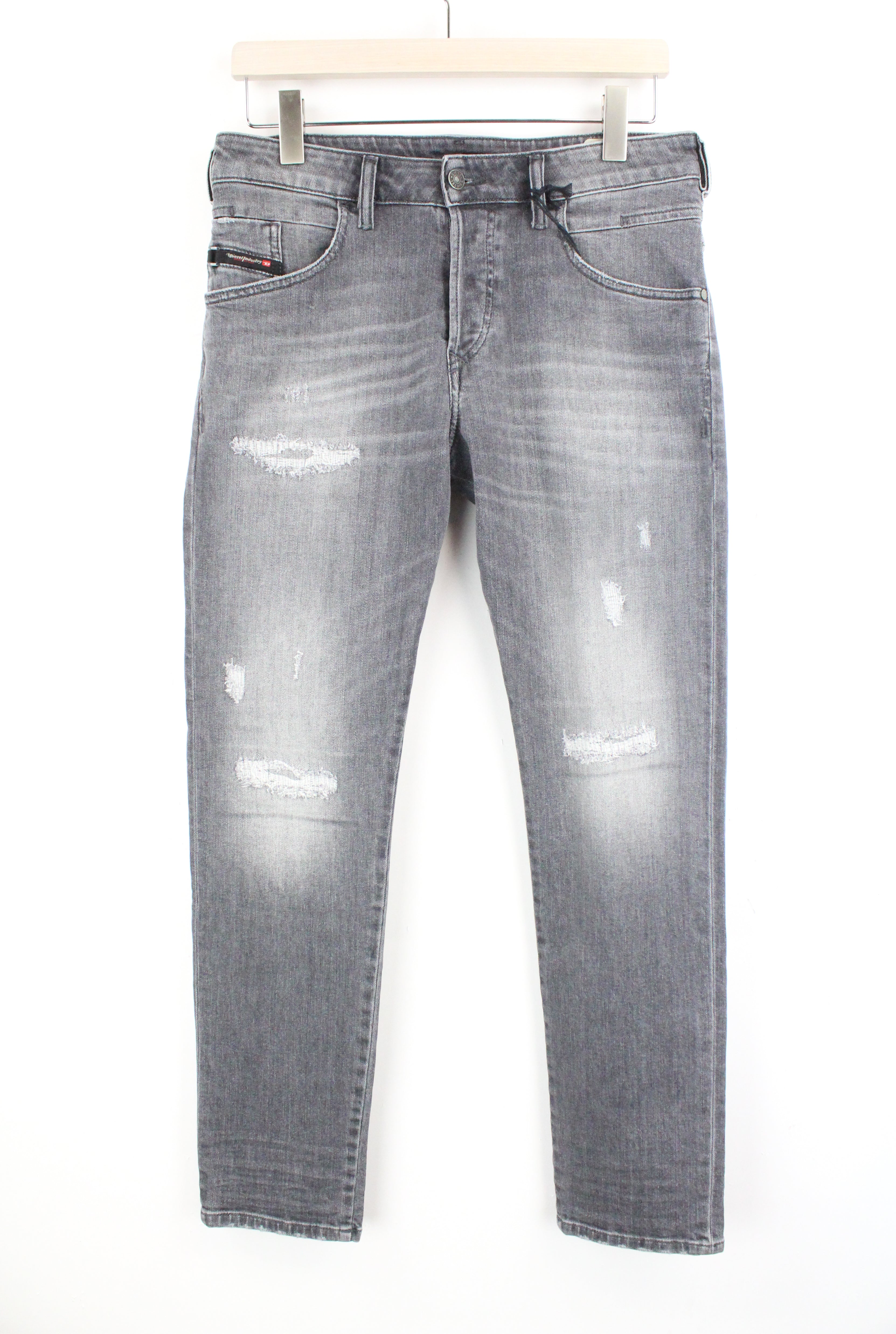 DIESEL D-Bazer 0890F vyriški džinsai W29/L30 siaurėjantys medvilniniai tamprūs džinsai pilki plėšyti 