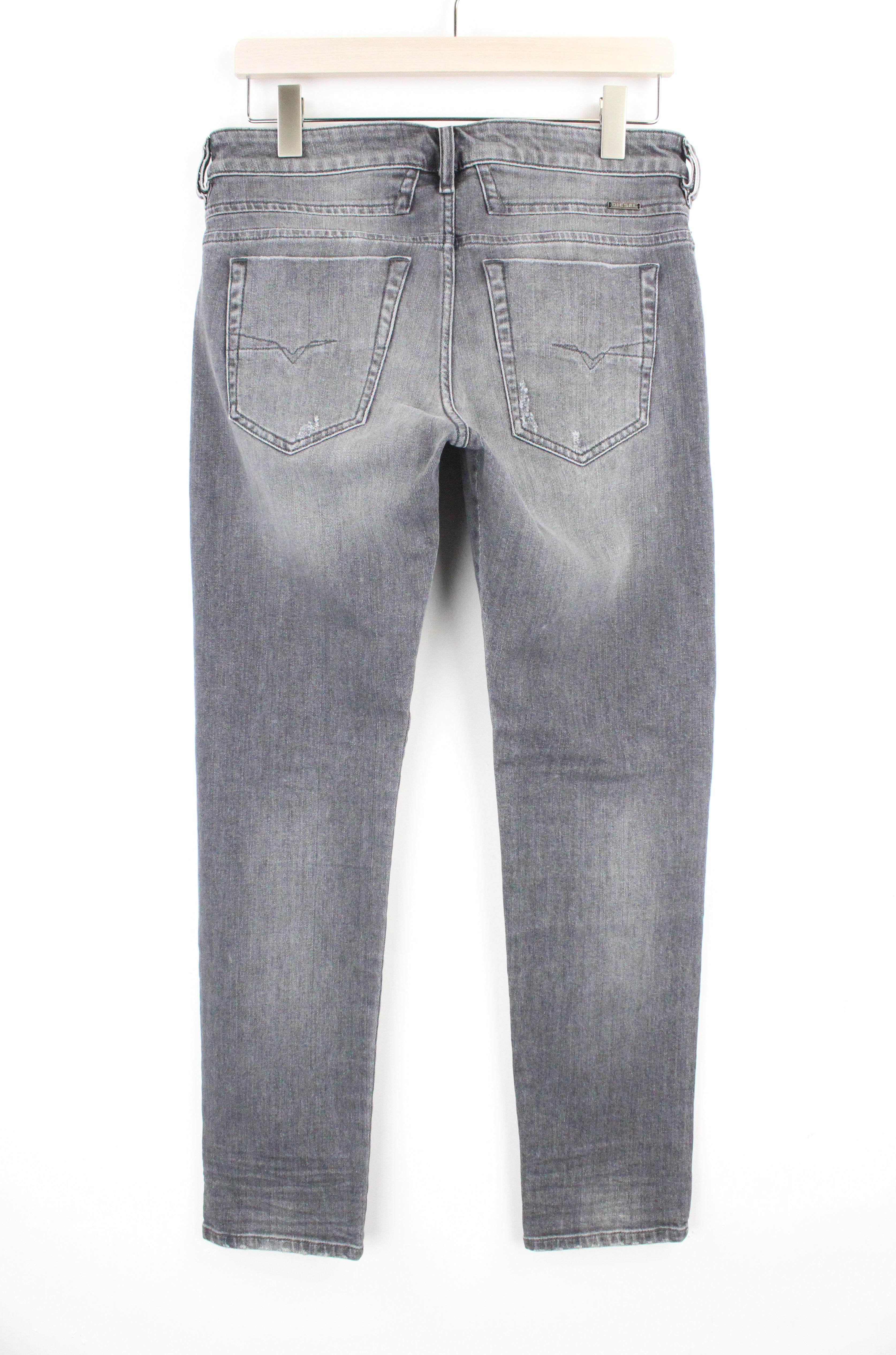 DIESEL D-Bazer 0890F vyriški džinsai W29/L30 siaurėjantys medvilniniai tamprūs džinsai pilki plėšyti 