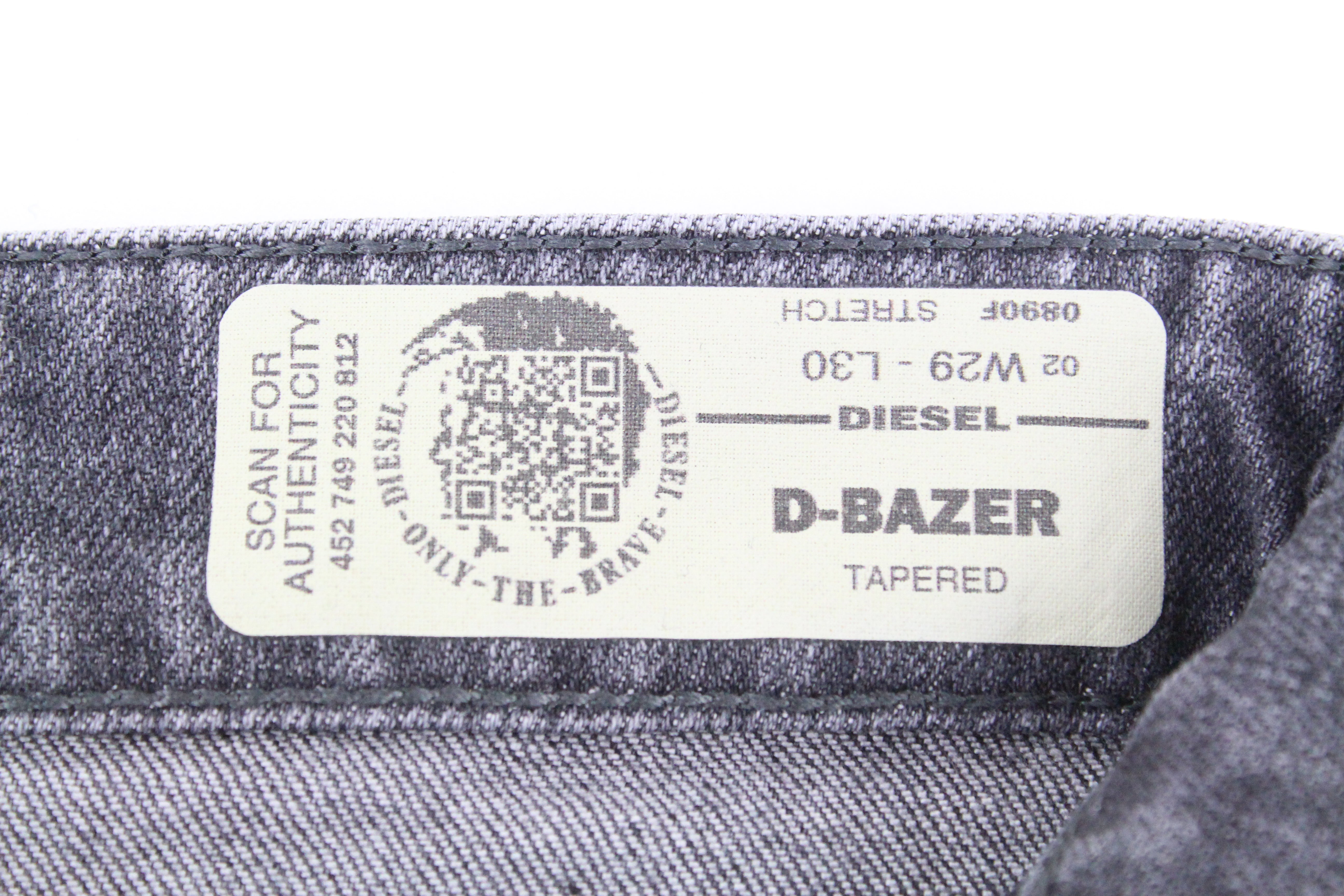 DIESEL D-Bazer 0890F vyriški džinsai W29/L30 siaurėjantys medvilniniai tamprūs džinsai pilki plėšyti 