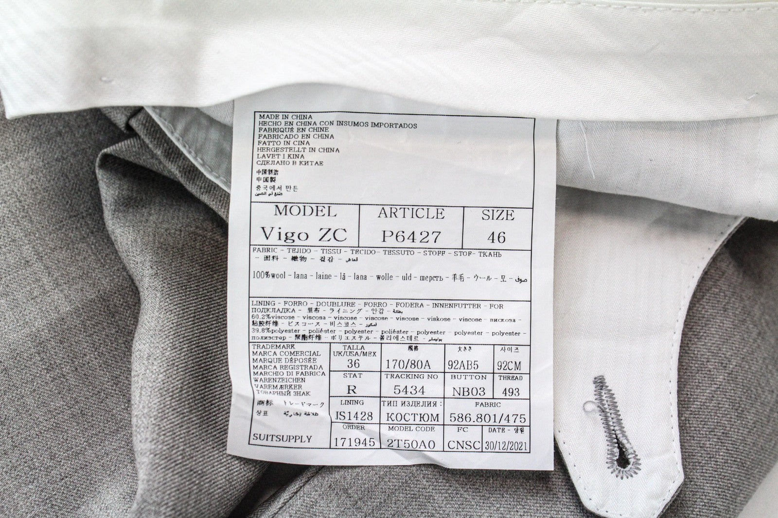 SUITSUPPLY Havana Men's UK36R Slim Fit Grey Super 110's Pure Wool 2 Piece Suit