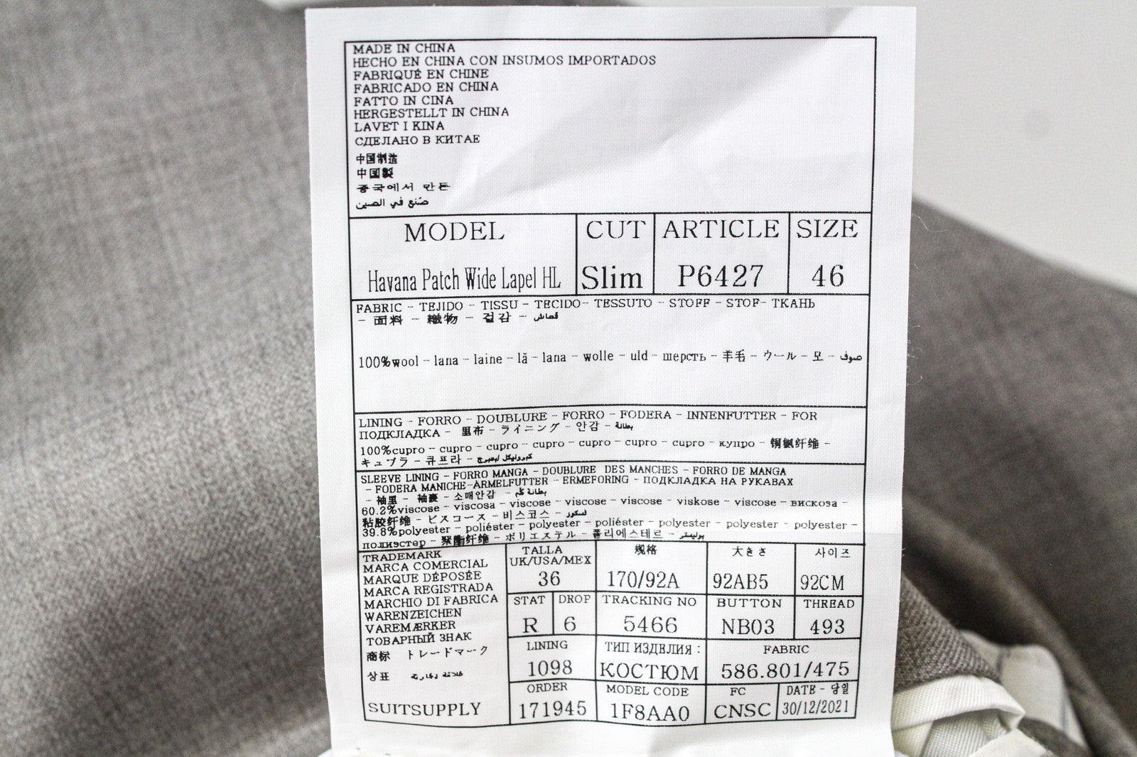 SUITSUPPLY Havana Men's UK36R Slim Fit Grey Super 110's Pure Wool 2 Piece Suit