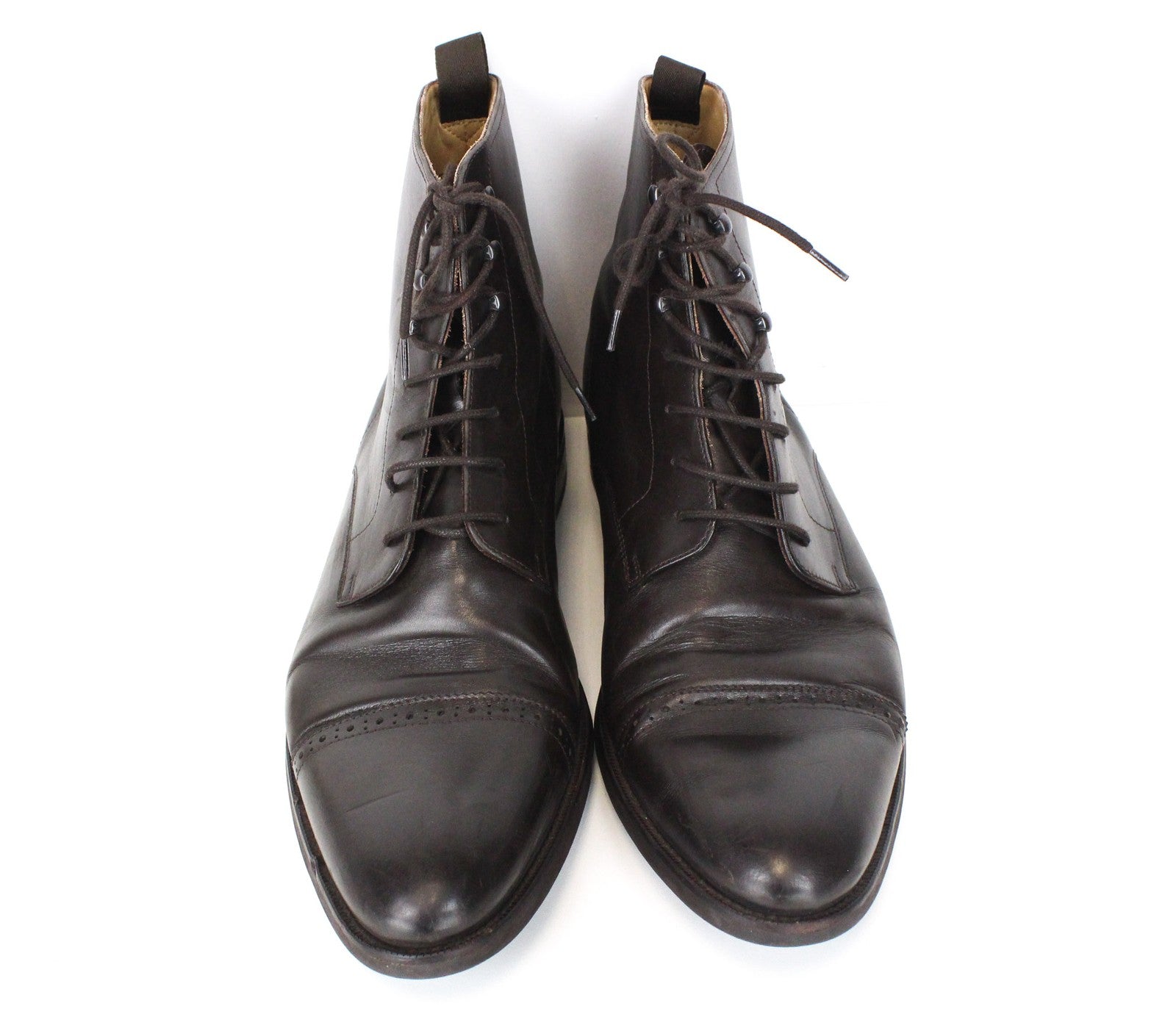 SUITSUPPLY vyriški tamsiai rudi, EU46 dydžio, odiniai, aukštakulniai bateliai su raišteliais, brogų raštu 