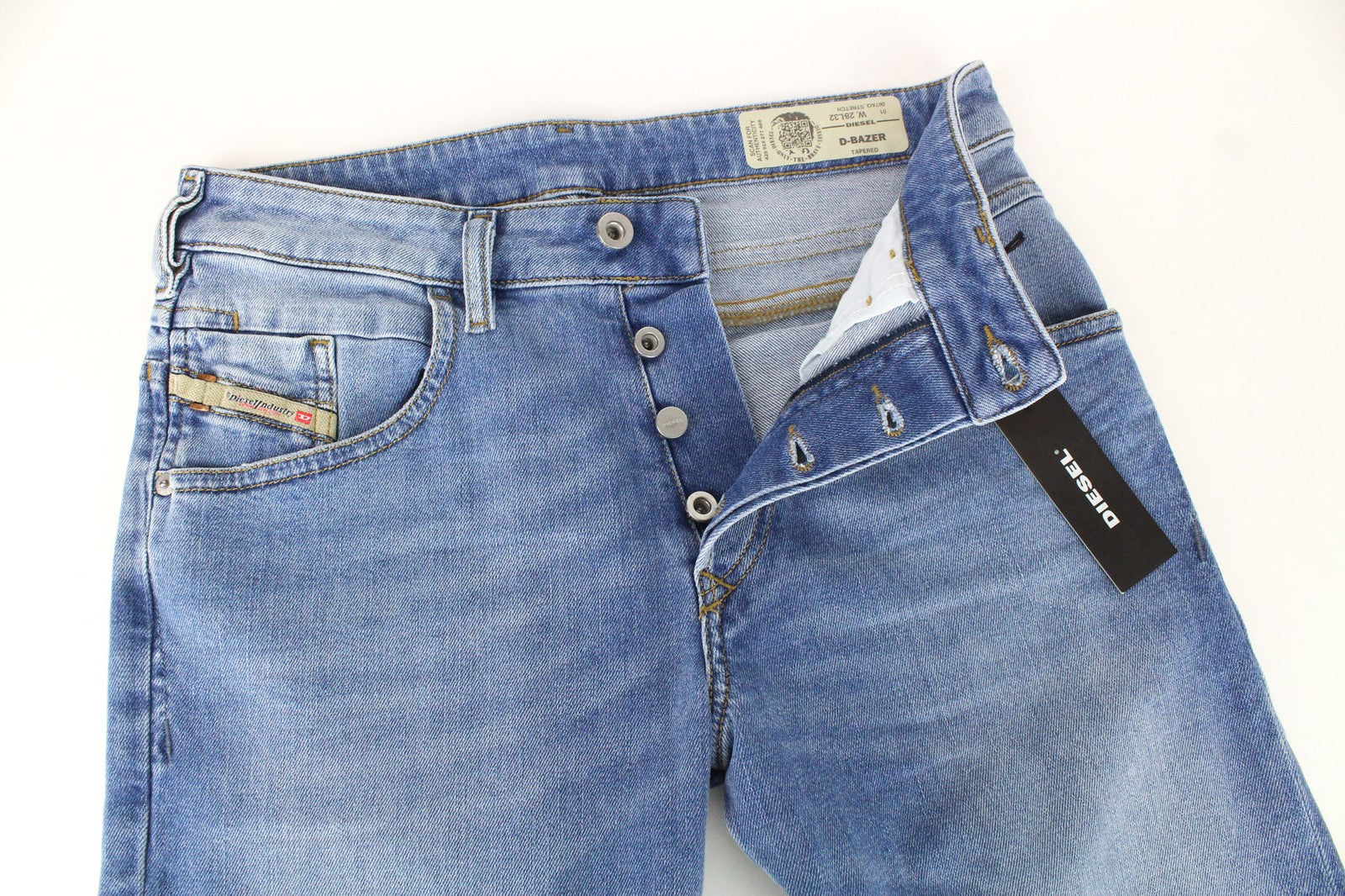 DIESEL D-Bazer 087AQ vyriški W28/L32 išblukintos mėlynos spalvos siaurėjantys tamprūs džinsai su sagomis 