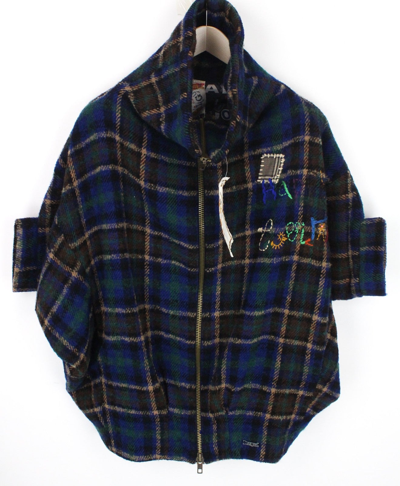 DESIGUAL moteriškas mėlynas EU40 vilnos mišinio dizainerio paltas kimono su siuvinėtu tartanu