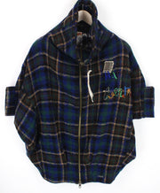 DESIGUAL moteriškas mėlynas EU40 vilnos mišinio dizainerio paltas kimono su siuvinėtu tartanu