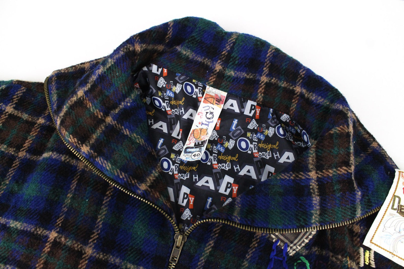 DESIGUAL moteriškas mėlynas EU40 vilnos mišinio dizainerio paltas kimono su siuvinėtu tartanu