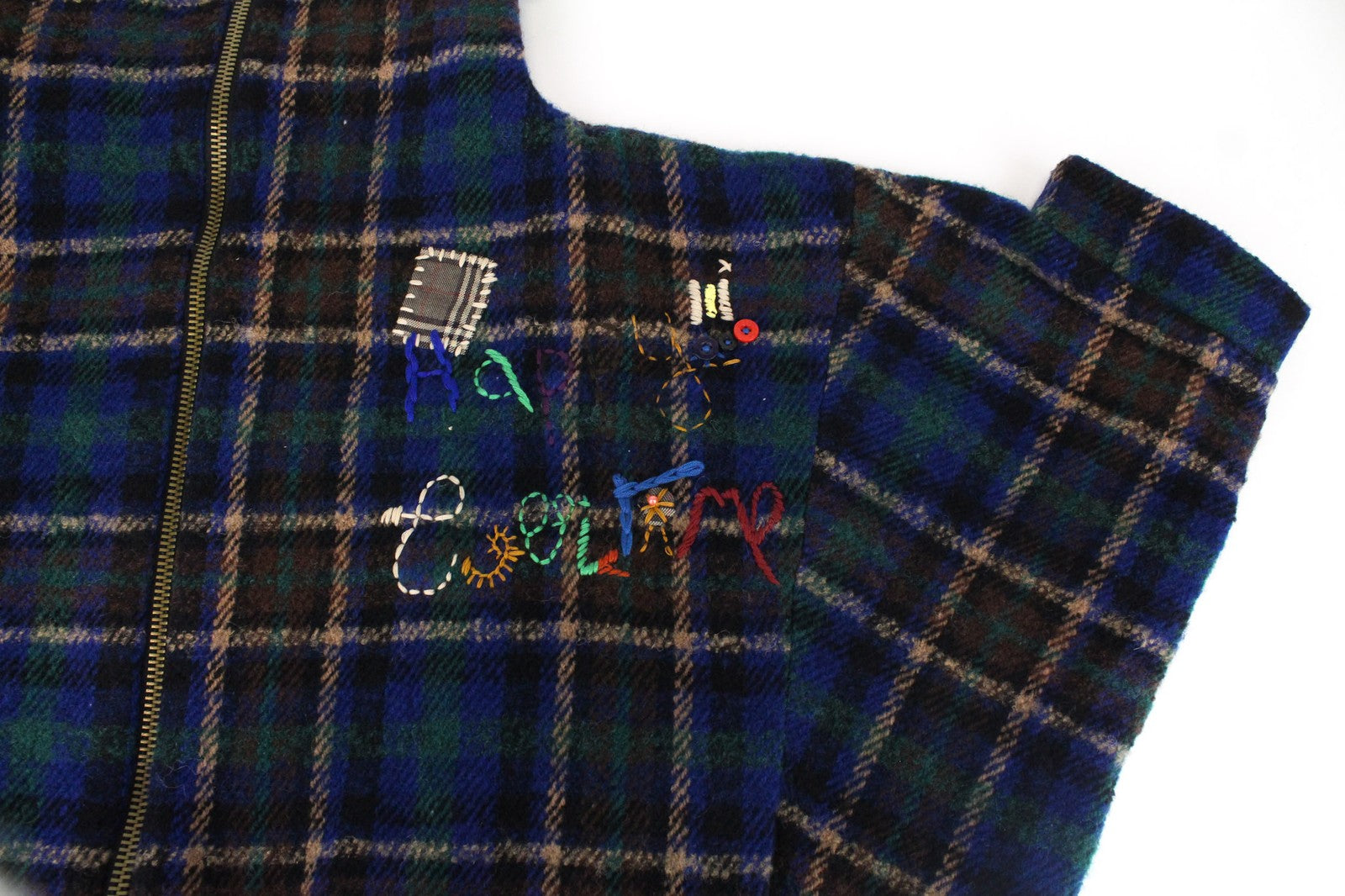 DESIGUAL moteriškas mėlynas EU40 vilnos mišinio dizainerio paltas kimono su siuvinėtu tartanu