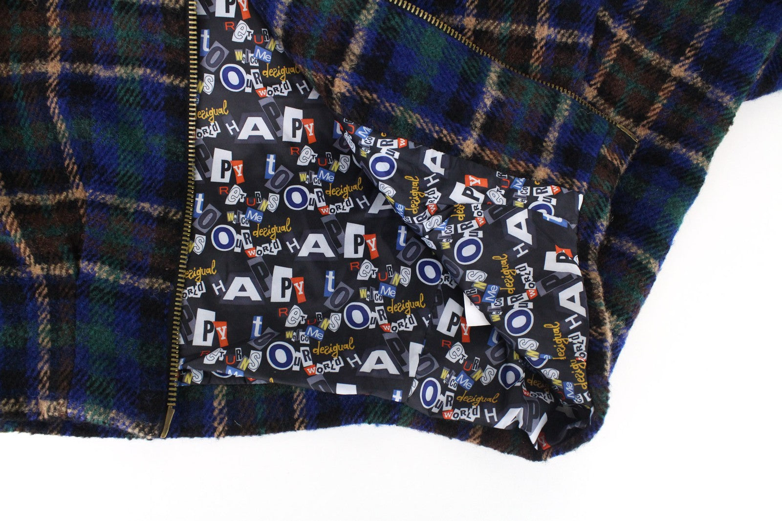 DESIGUAL moteriškas mėlynas EU40 vilnos mišinio dizainerio paltas kimono su siuvinėtu tartanu