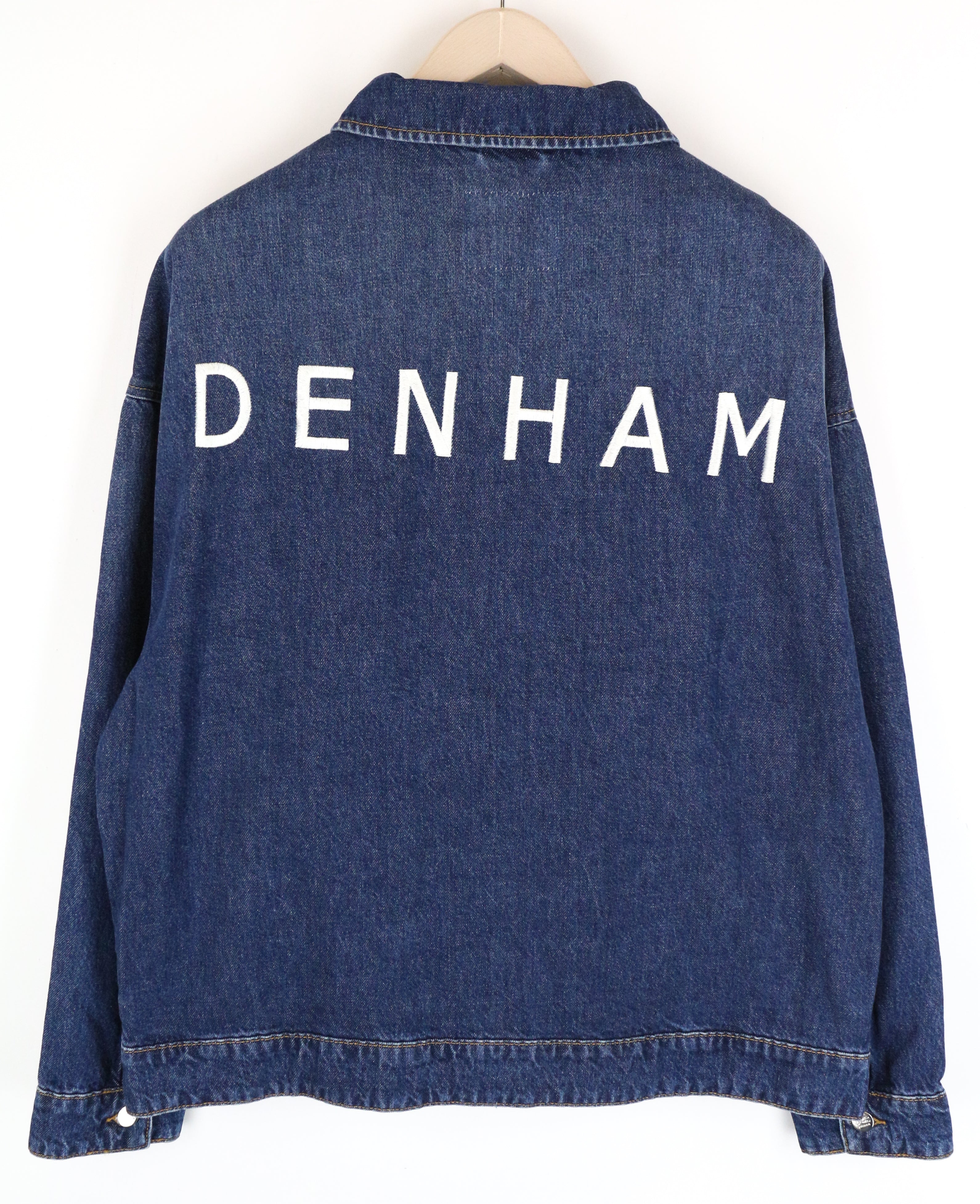 DENHAM Century Trucker striukė M mėlyna ilgomis rankovėmis medvilninis logotipas džinsinio stiliaus 