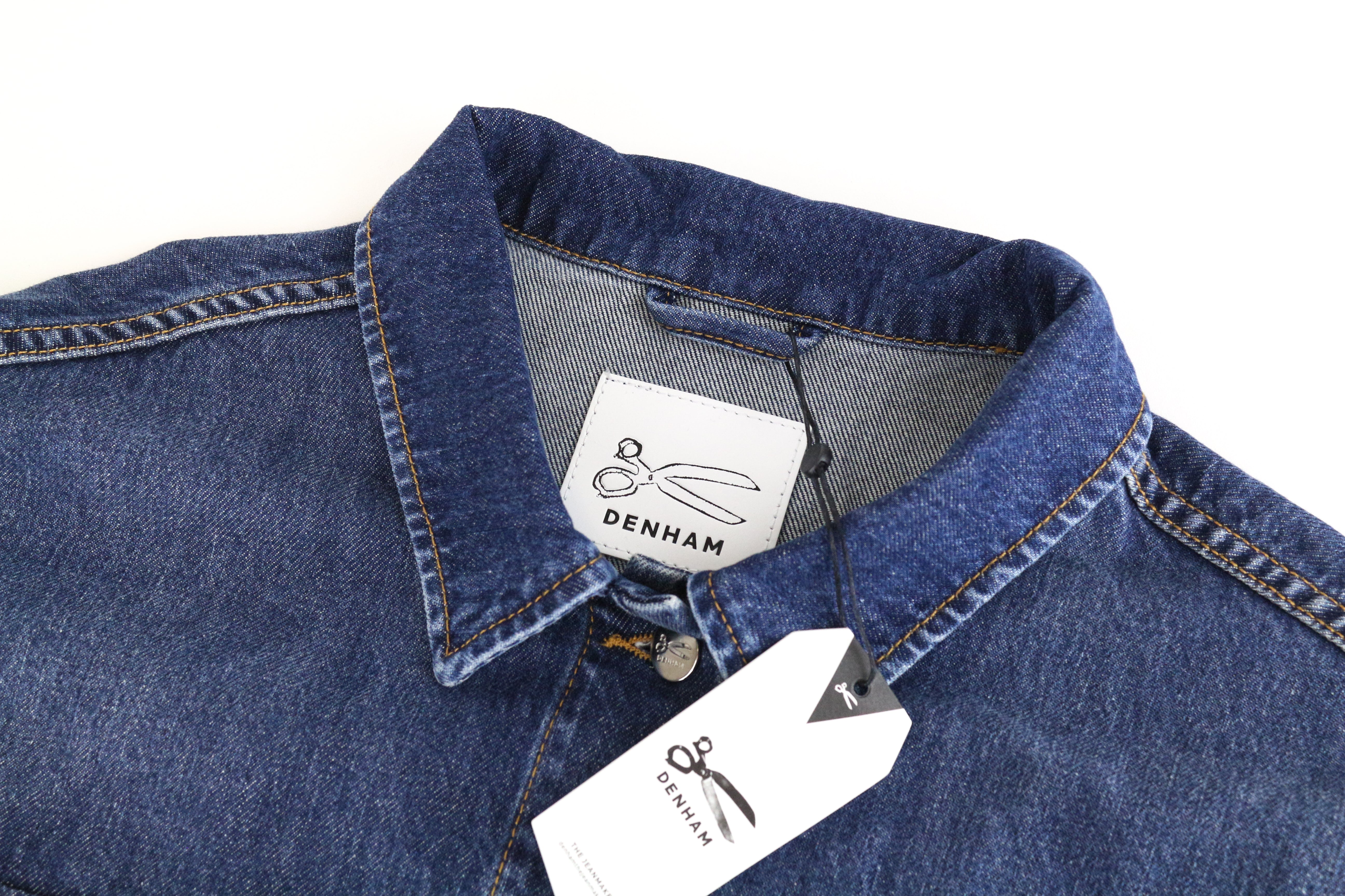 DENHAM Century Trucker striukė M mėlyna ilgomis rankovėmis medvilninis logotipas džinsinio stiliaus 