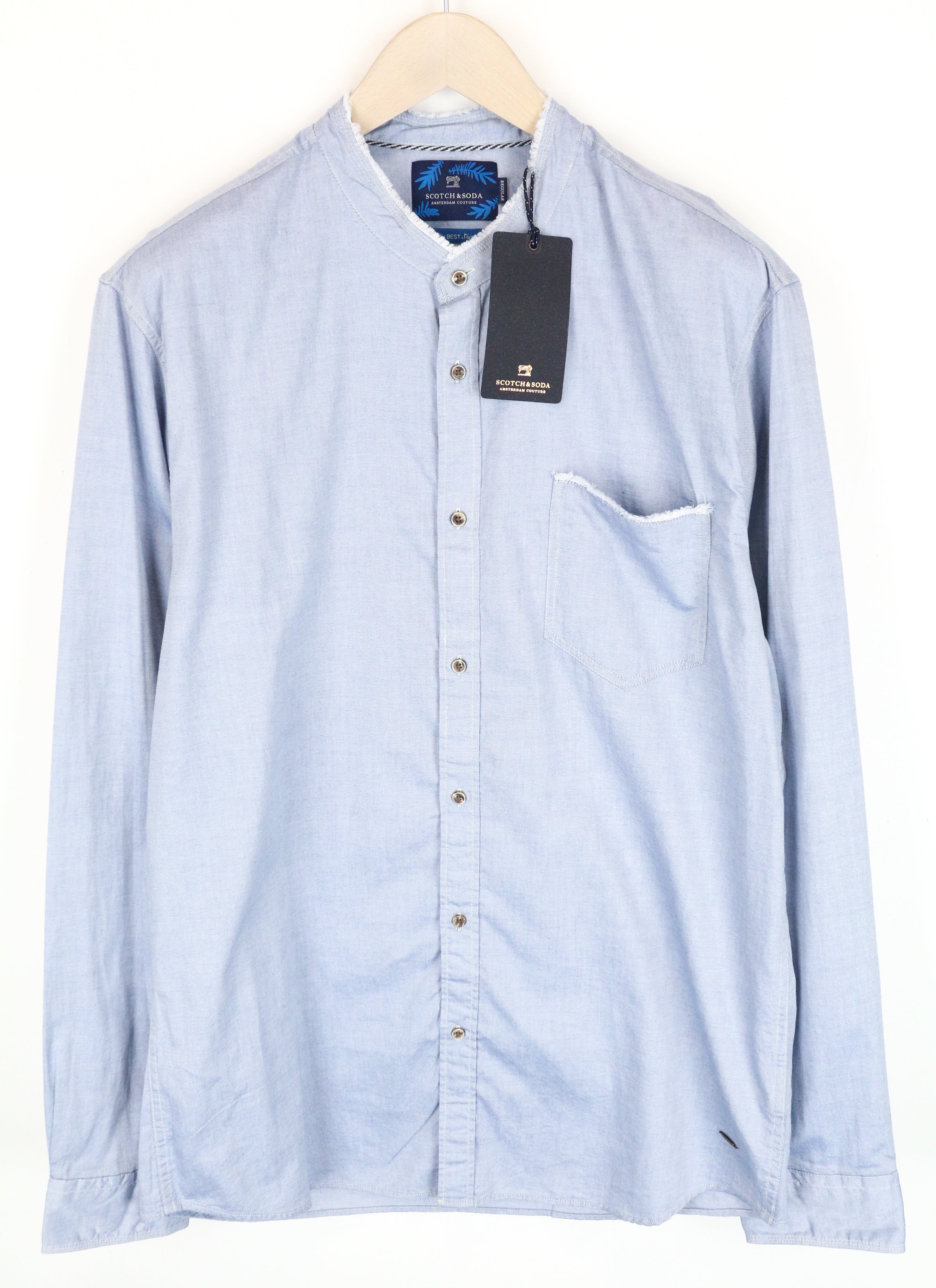 SCOTCH &amp; SODA Ams Couture vyriški marškinėliai, 2XL, mėlyni, su juostele apykakle, ilgomis rankovėmis, medvilniniai 