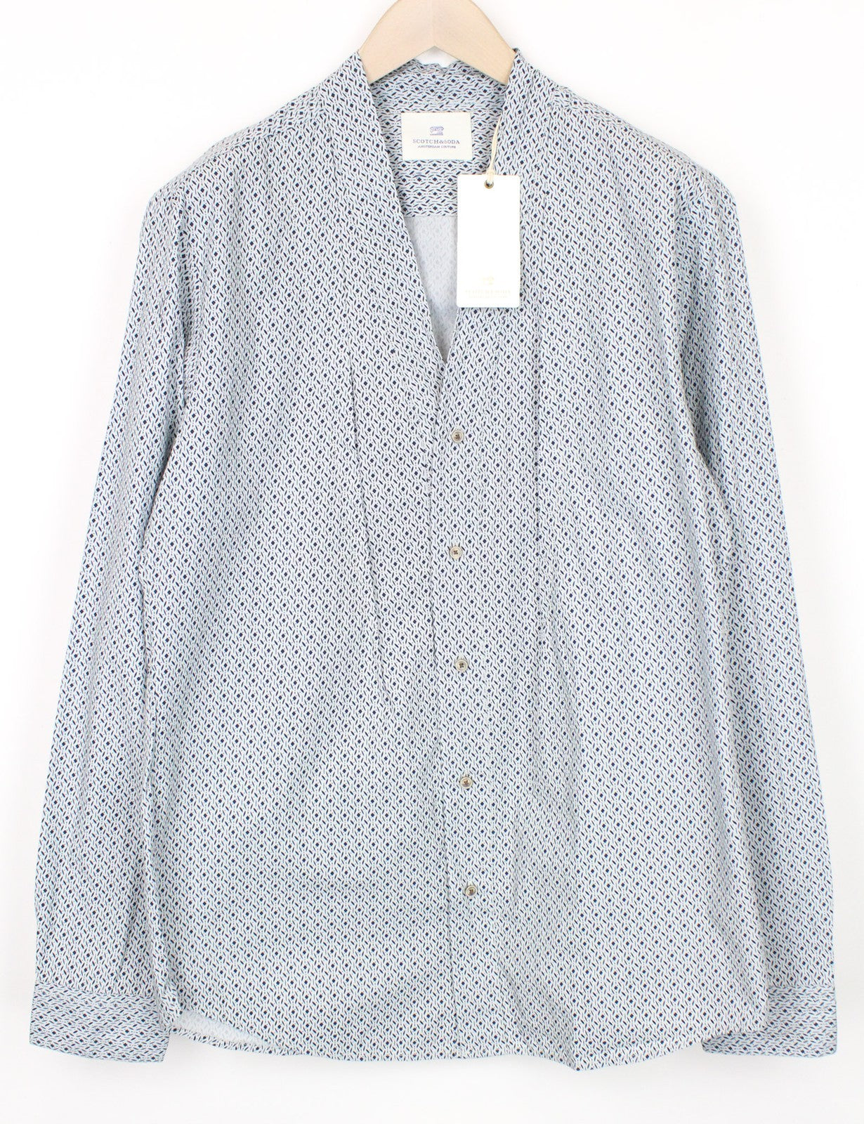 SCOTCH &amp; SODA vyriški XL dydžio mėlyni marškinėliai su grafiniu raštu, klasikinio stiliaus, grynos medvilnės marškinėliai su V formos iškirpte 