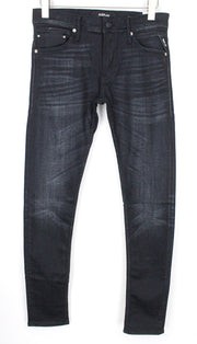 REPLAY Jondrill vyriški džinsai W30/L34 juodi, dengti, aptempti, siaurėjantys, tamprūs, žemo kirpimo 