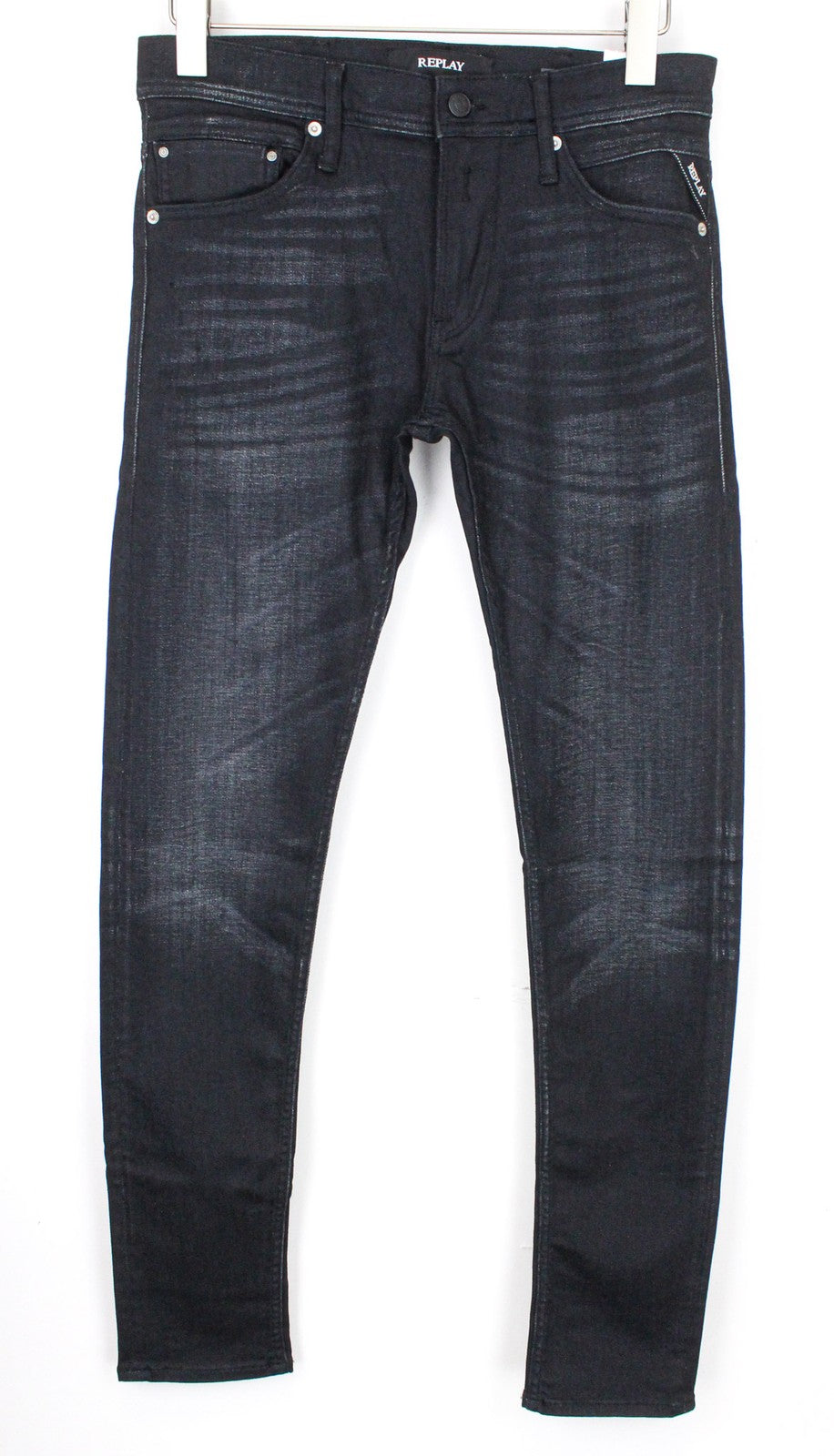 REPLAY Jondrill vyriški džinsai W30/L34 juodi, dengti, aptempti, siaurėjantys, tamprūs, žemo kirpimo 