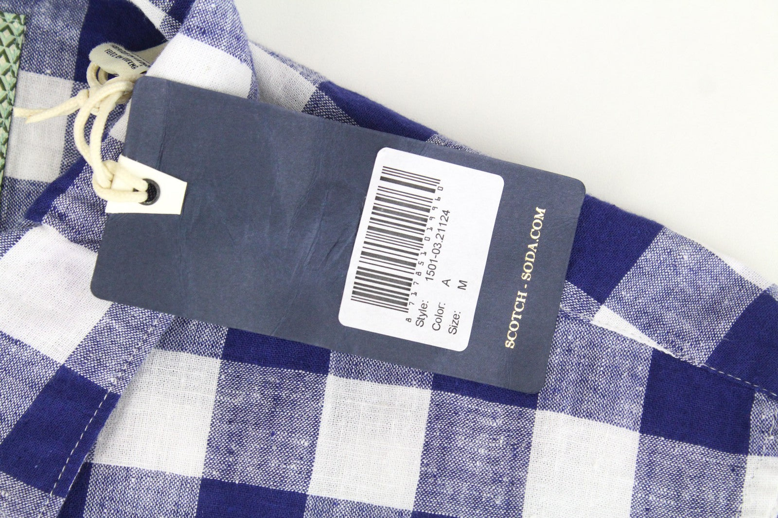 SCOTCH &amp; SODA vyriški marškinėliai M mėlynai balti lininiai medvilnės mišinio marškinėliai su languotu raštu 