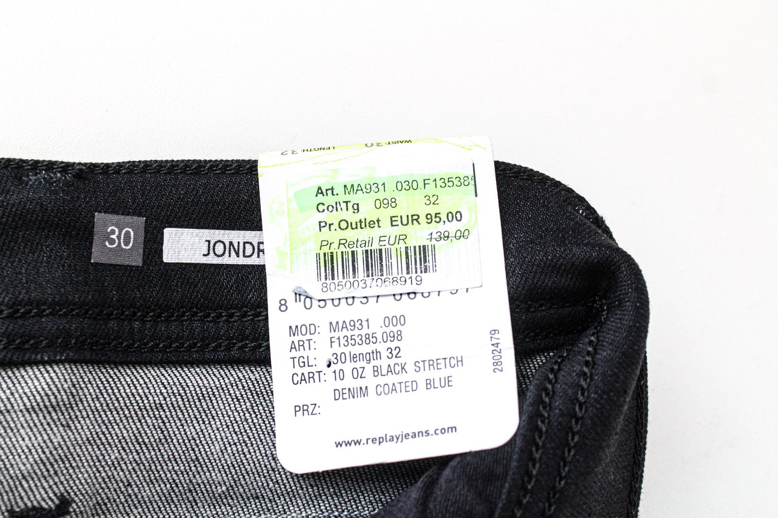 REPLAY Jondrill Men's Jeans W30/L32 Black Coated Stretch Blue Skinny Zipped Fit