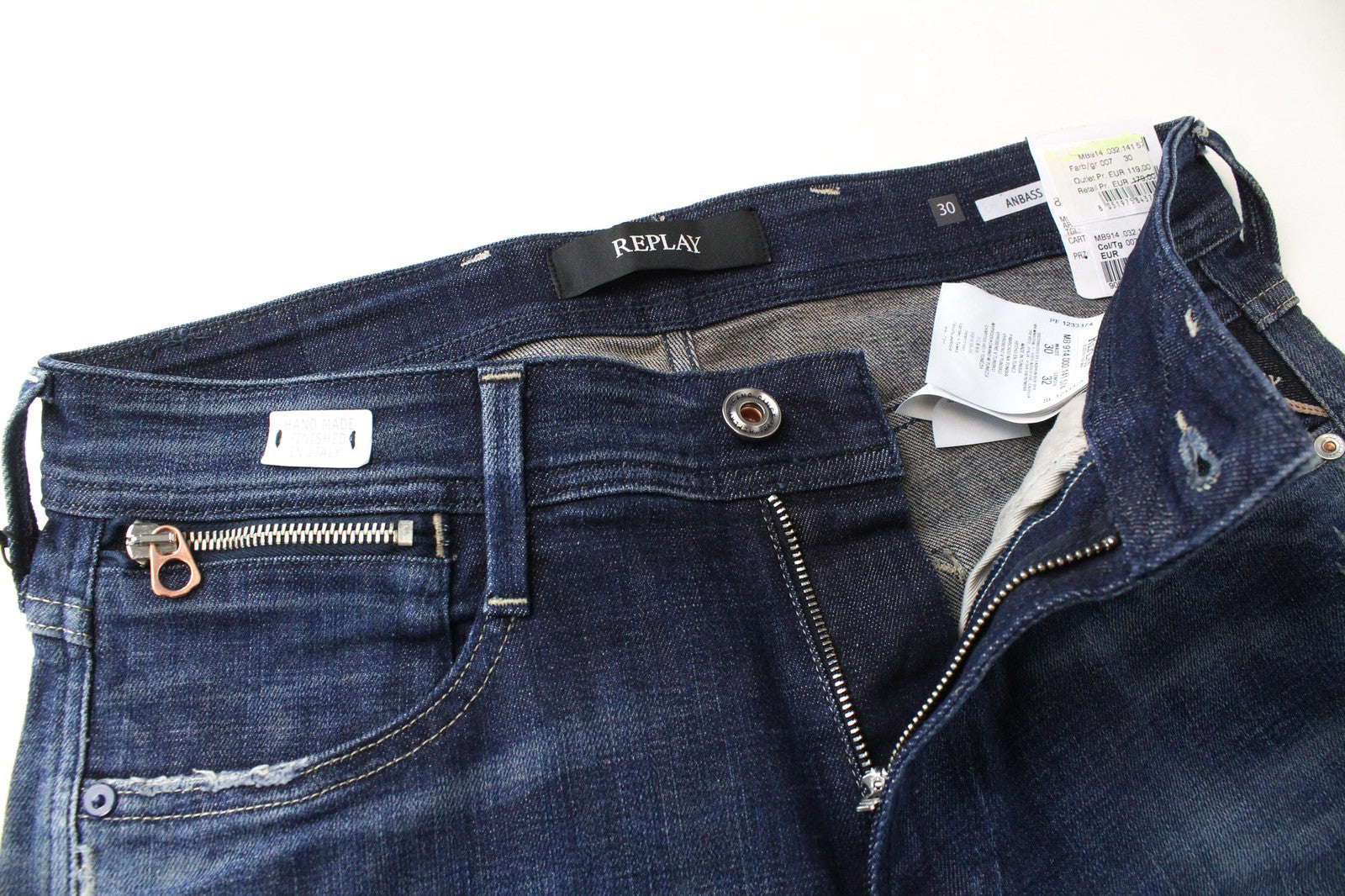 REPLAY Anbass vyriški džinsai W30/L32 tamsiai mėlyni, prigludę, labai tamprūs 