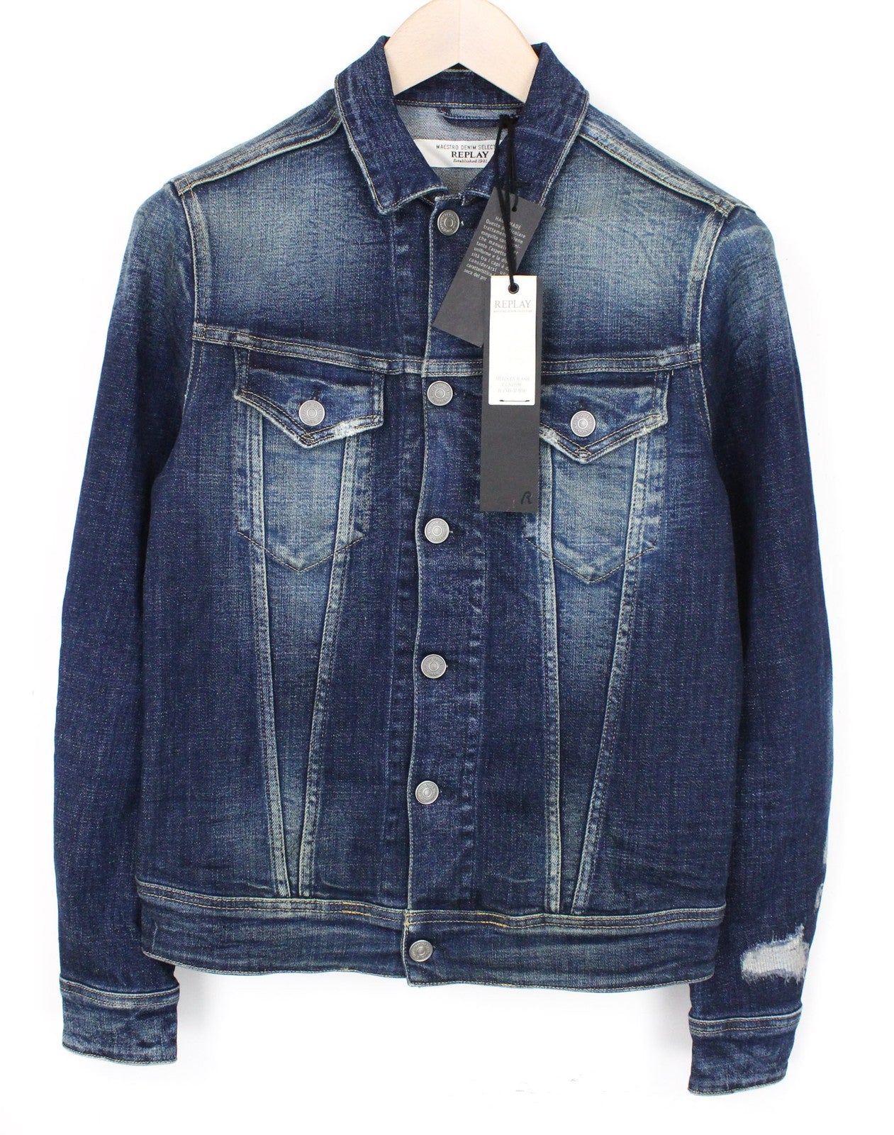 REPLAY vyriška striukė S mėlyna, tampri, džinsinė, skalbta, dėvėta, lengva medvilnė 