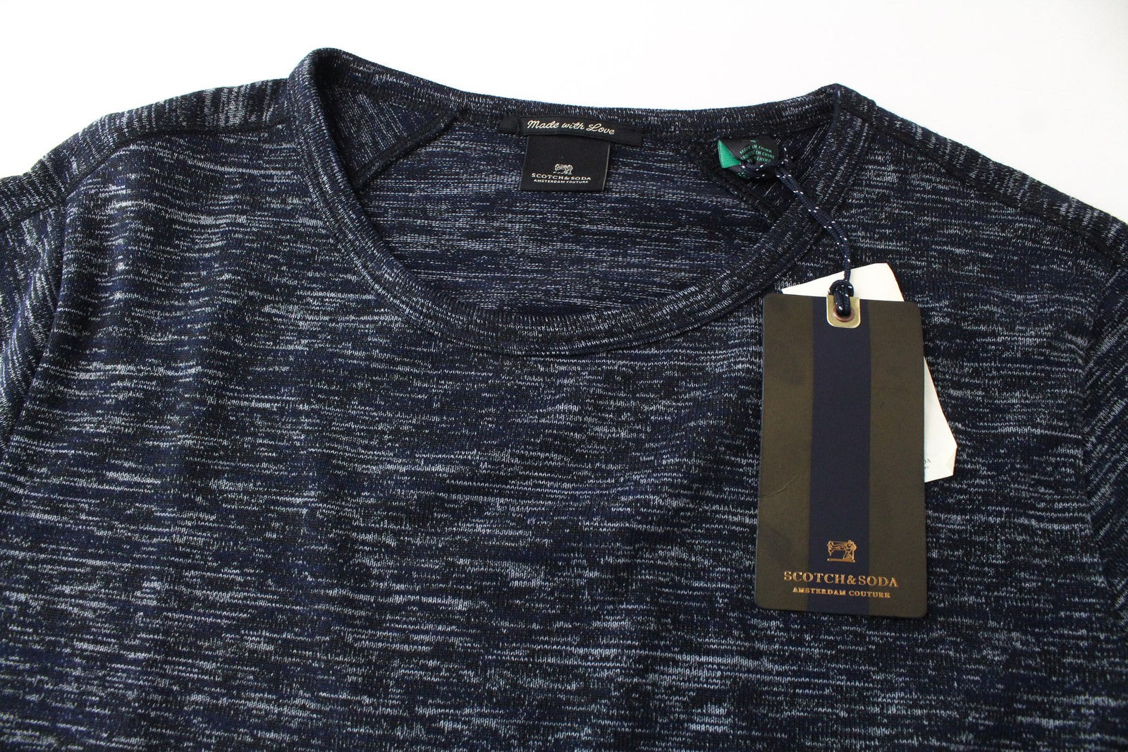 SCOTCH &amp; SODA vyriški marškinėliai su jūrų mėlyna spalva, melanžo raštu, džersio spalvos, apvalia apykakle, S dydžio 