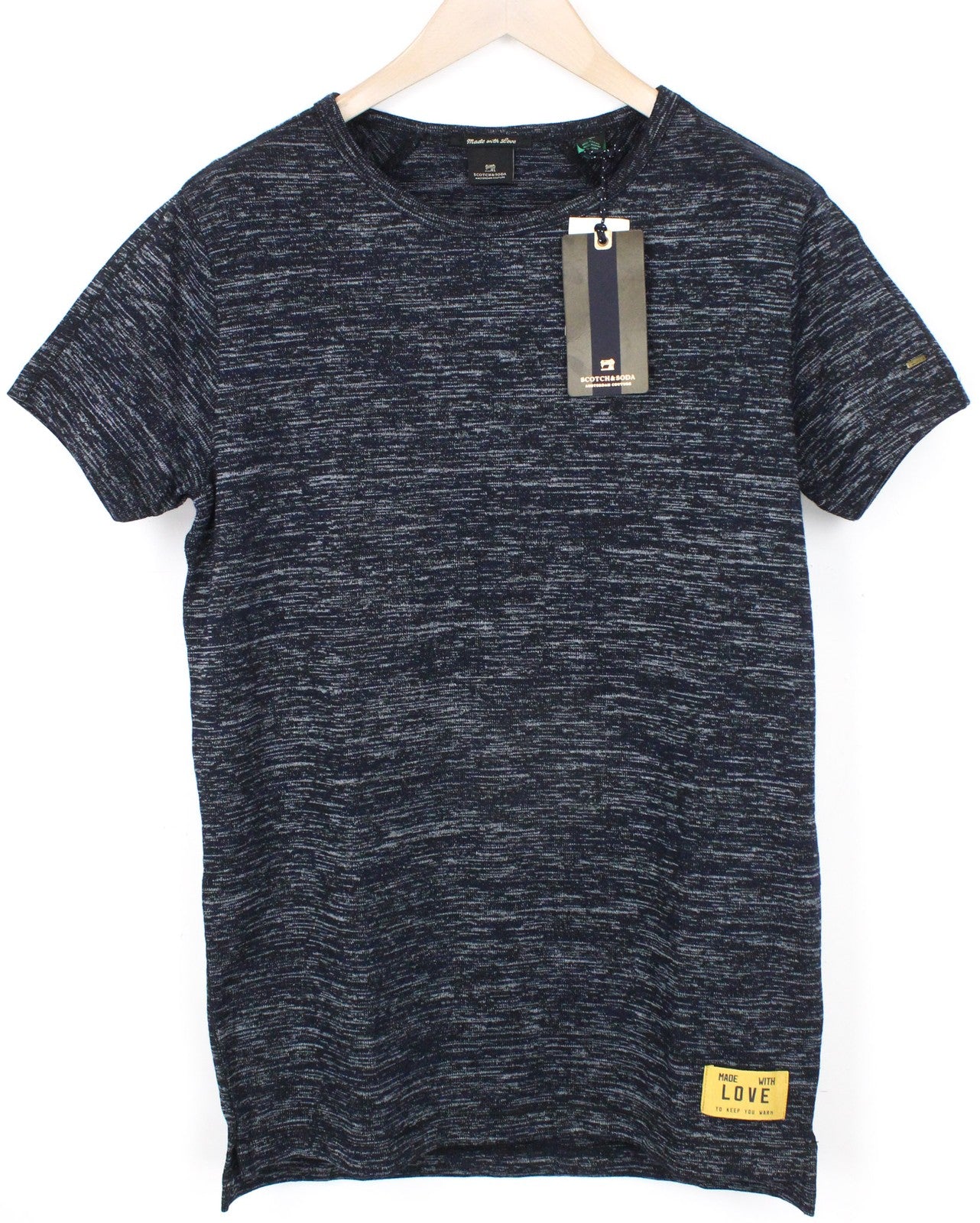 SCOTCH &amp; SODA vyriški marškinėliai S ilgi, tamsiai mėlyni, melanžo spalvos, apvali kaklo iškirpte, tamprūs medvilniniai marškinėliai 