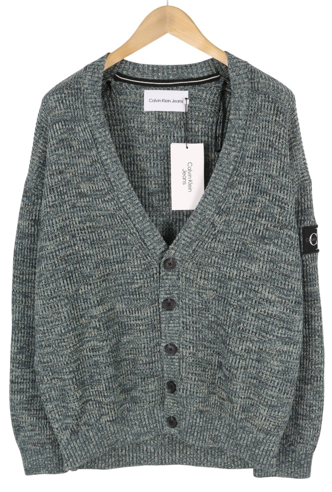 CALVIN KLEIN vyriškas megztinis iš susuktų siūlų, L dydžio, įvairiaspalvis, su sagomis, rekomenduojama kaina – 129 € 