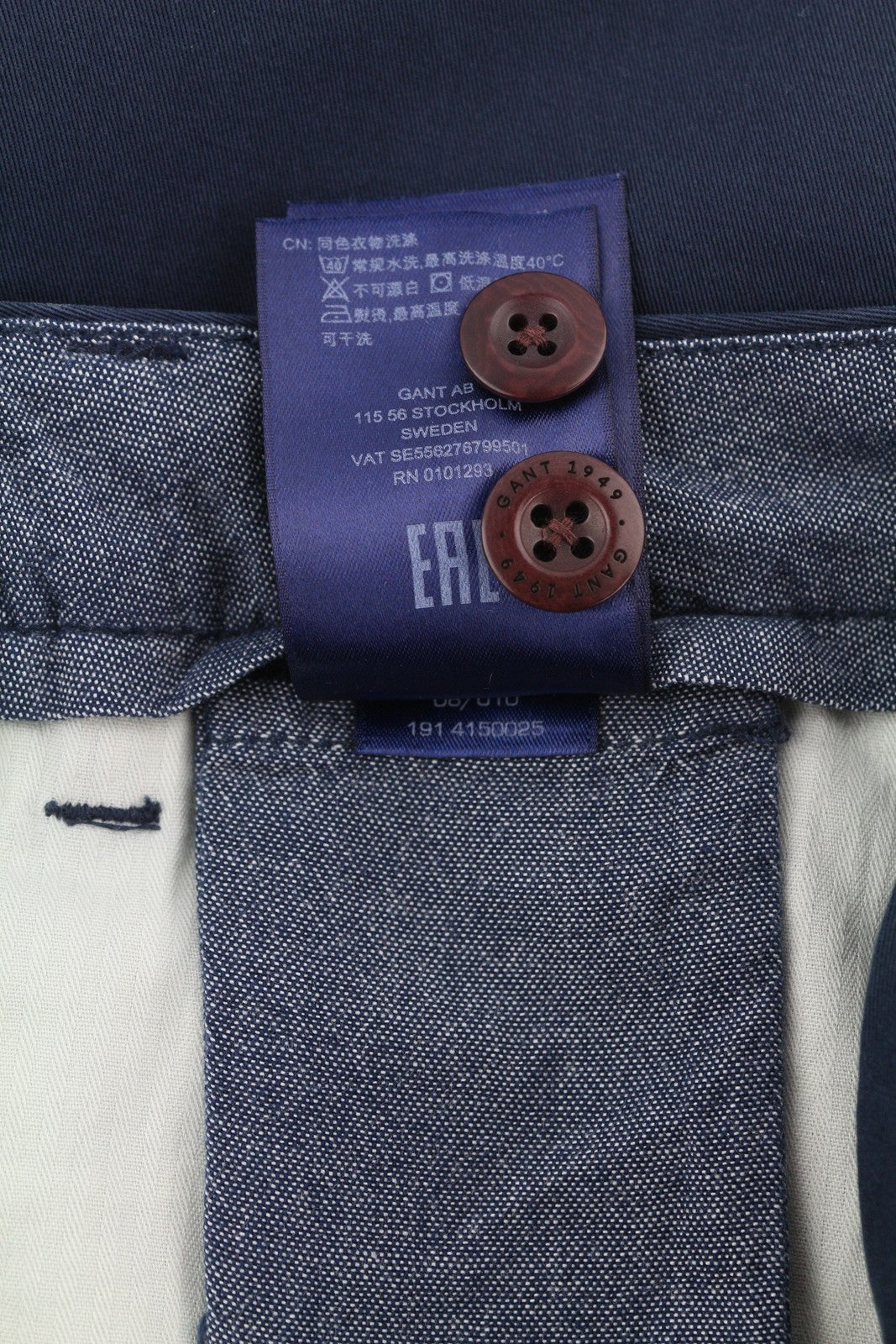 GANT klasikinės trumpintos chino stiliaus moteriškos kelnės, 36 dydžio, tamsiai mėlynos, priglundančios, su užtrauktuku ir logotipu 