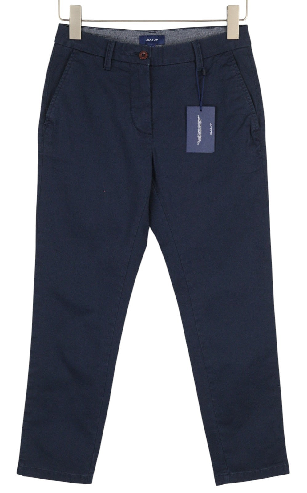 GANT klasikinės trumpintos chino stiliaus moteriškos kelnės, 36 dydžio, tamsiai mėlynos, priglundančios, su užtrauktuku ir logotipu 
