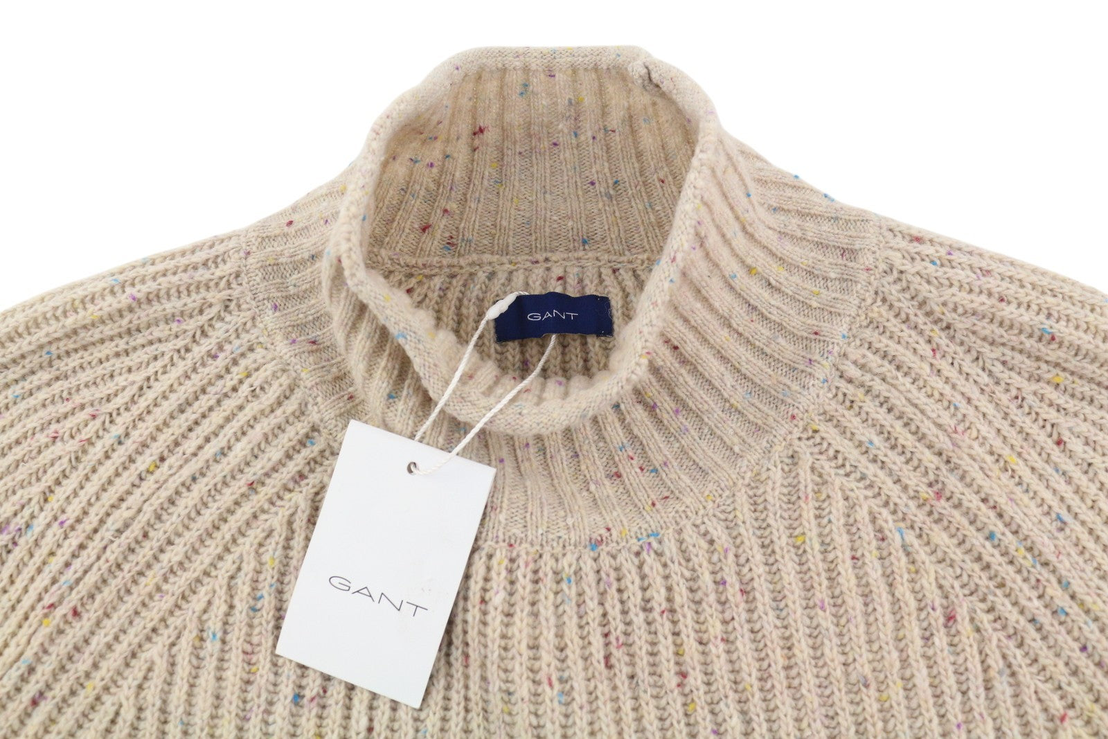 GANT Neps megztinis su aukštu kaklu (XL) smėlio spalvos su melanžo vilnos mišinio tvirtu megztiniu logotipu 