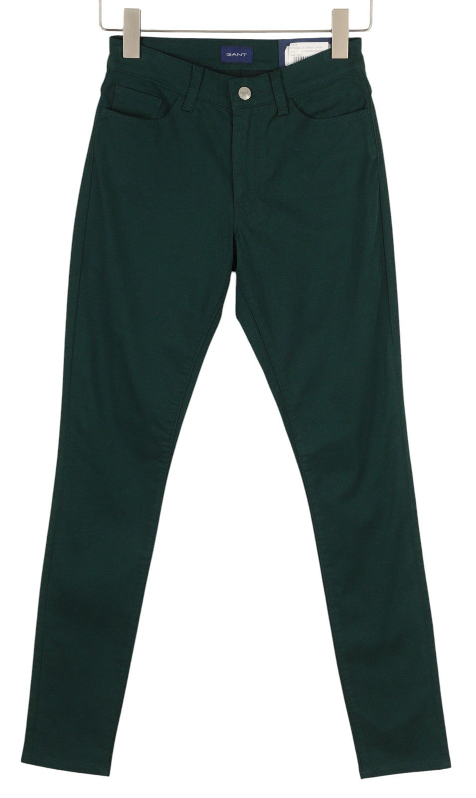 GANT aptemptos atlasinės moteriškos kelnės W26/L32 tamsiai žalios, su kišenėmis, užtrauktuku ir logotipu, laisvalaikio stiliaus 