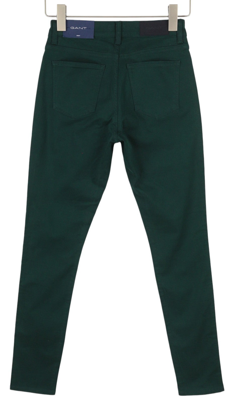 GANT aptemptos atlasinės moteriškos kelnės W26/L32 tamsiai žalios, su kišenėmis, užtrauktuku ir logotipu, laisvalaikio stiliaus 
