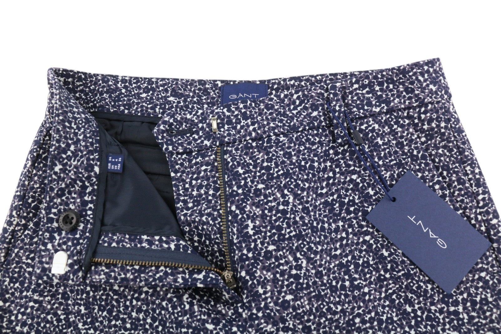 GANT Floral Camo trumpintos laisvos moteriškos kelnės EU34 mėlynos, priglundančios, chino stiliaus, su užtrauktuku 