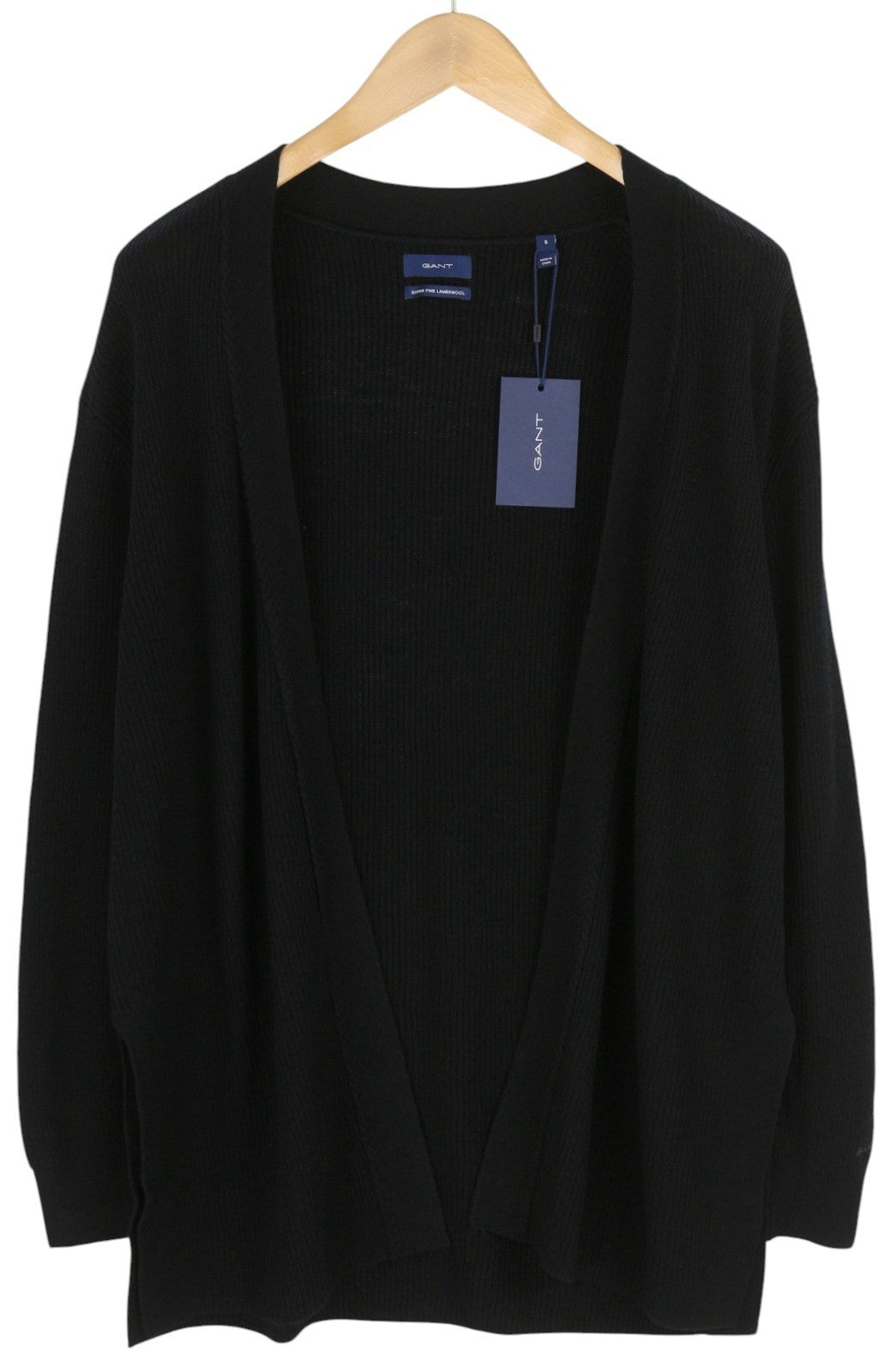 GANT Ribbed Lambswool Cardigan Womens Megztinis Black Long Rankovėmis Laisvalaikio 