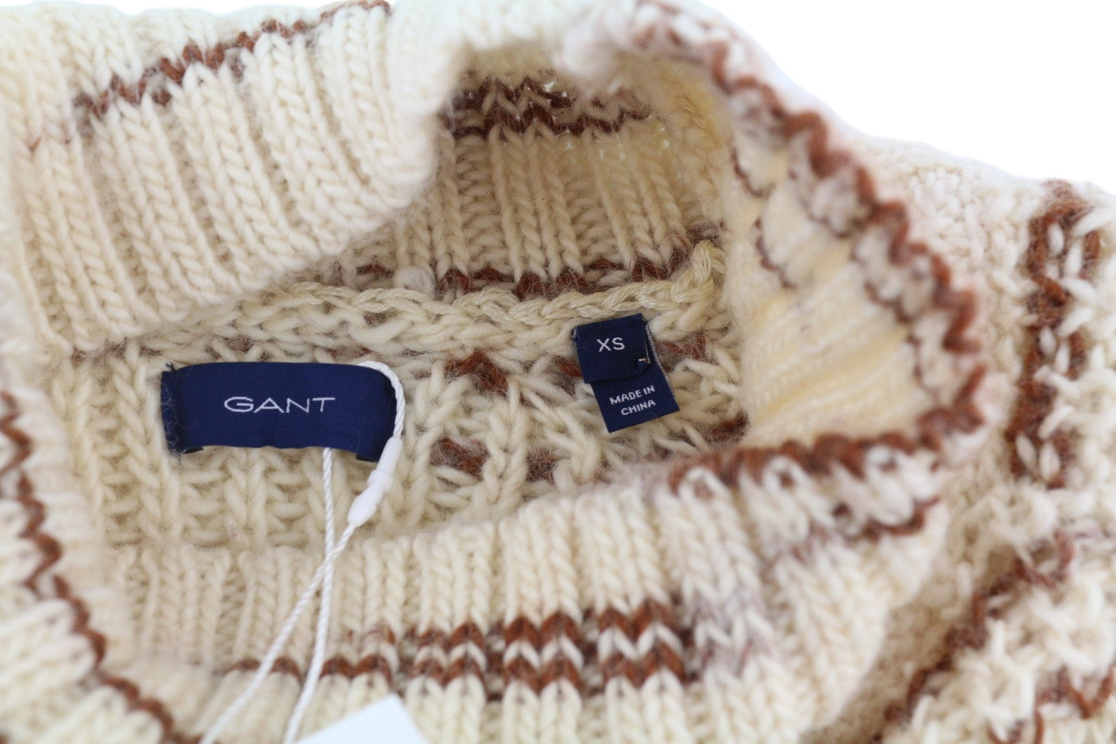 GANT daugiaspalvis vėžlio spalvos moteriškas megztinis XS smėlio spalvos vilnonis, tvirtai megztas raštuotas megztinis 