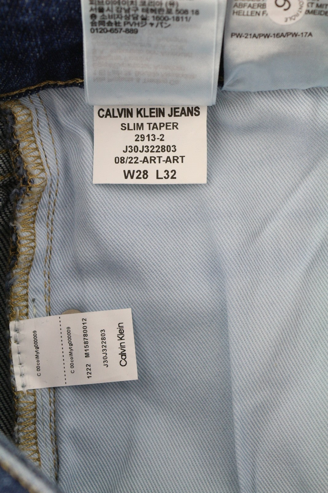 CALVIN KLEIN Slim Taper vyriški džinsai W28/L32 mėlyni, išblukę, plėšyti. 