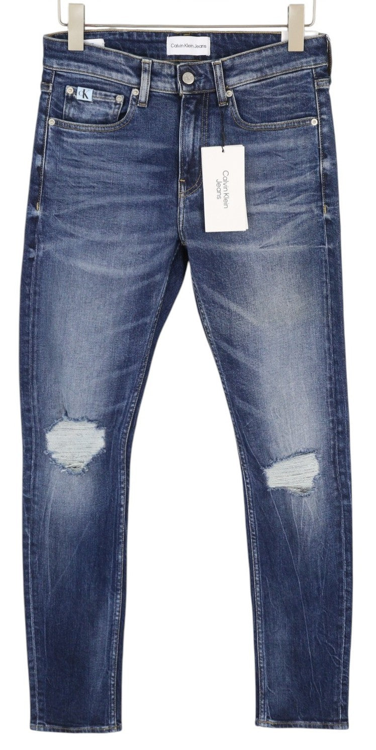 CALVIN KLEIN Slim Taper vyriški džinsai W28/L32 mėlyni, išblukę, plėšyti. 