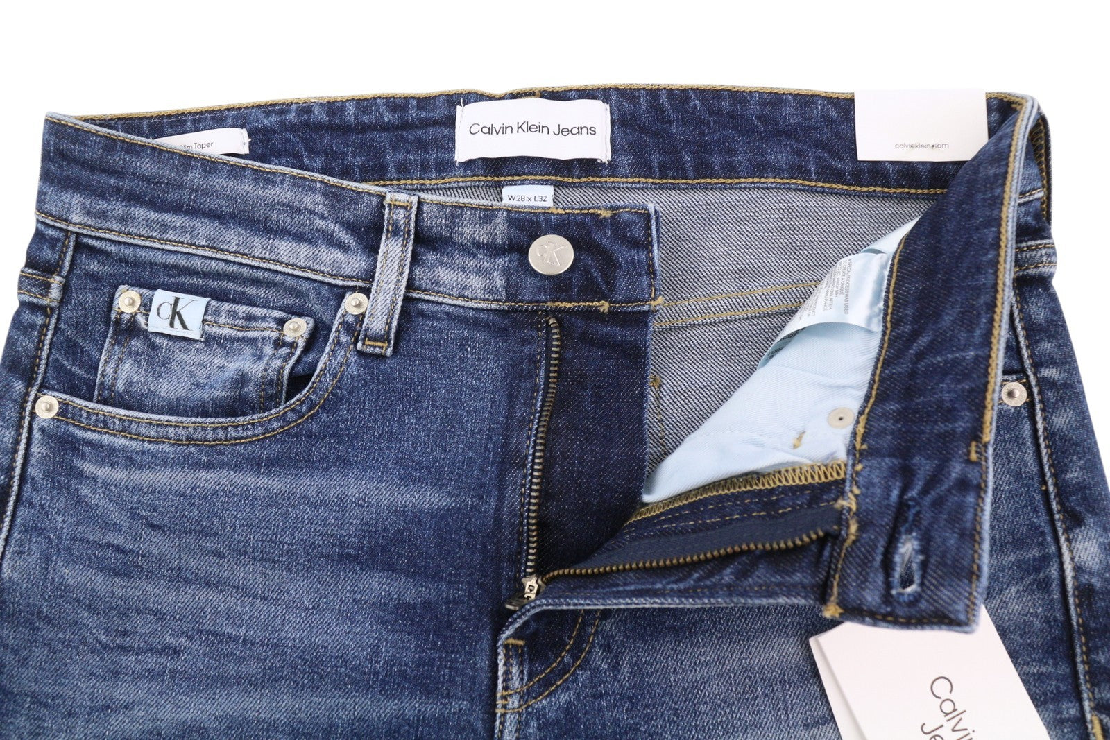 CALVIN KLEIN Slim Taper vyriški džinsai W28/L32 mėlyni, išblukę, plėšyti. 