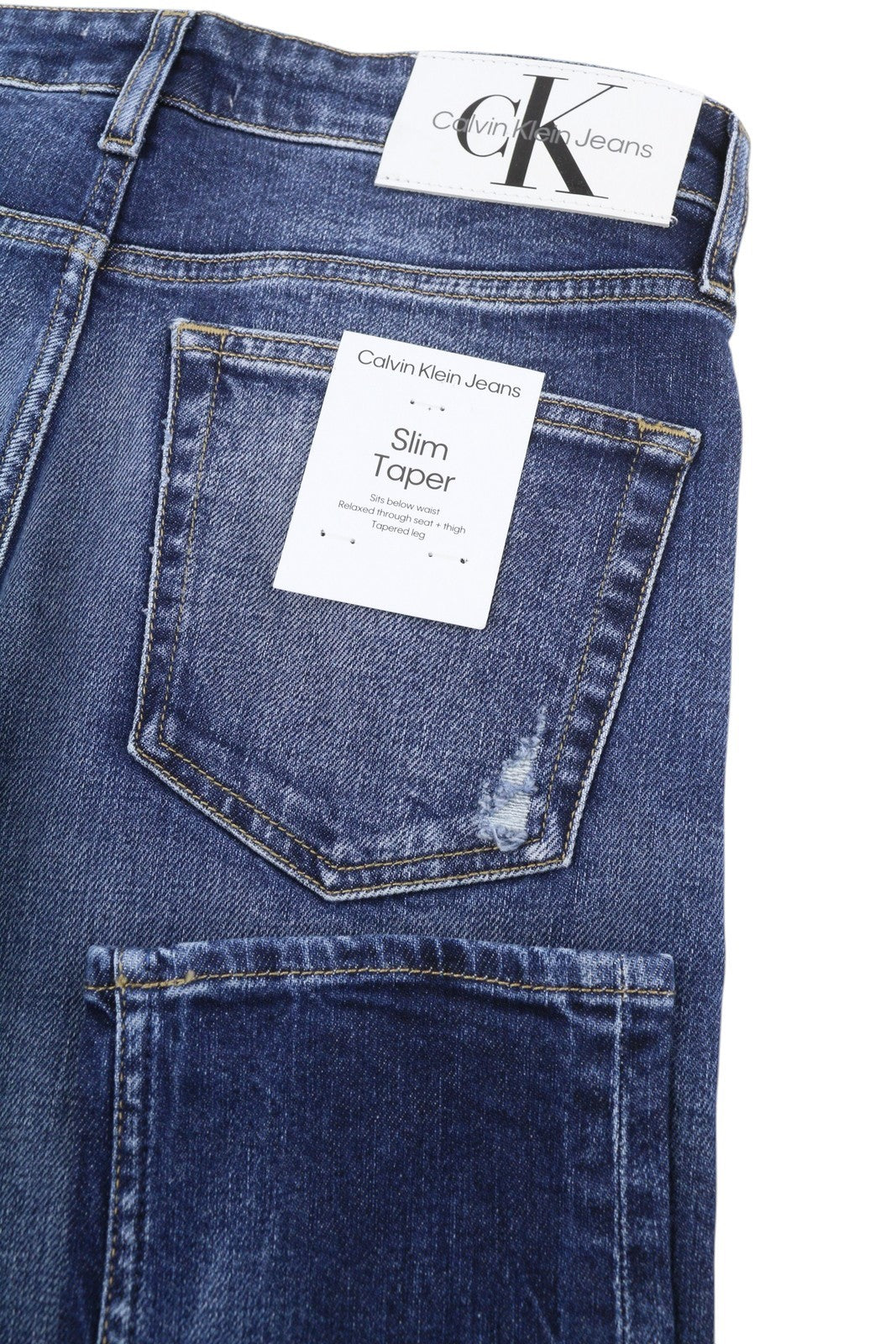 CALVIN KLEIN Slim Taper vyriški džinsai W28/L32 mėlyni, išblukę, plėšyti. 