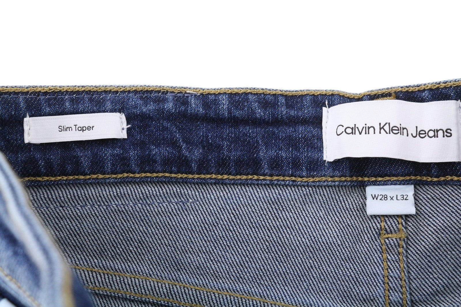 CALVIN KLEIN Slim Taper vyriški džinsai W28/L32 mėlyni, išblukę, plėšyti. 
