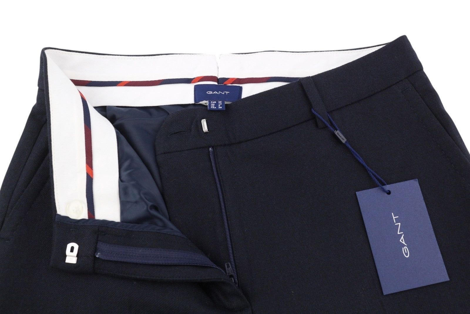 GANT Plaunamos vilnonės siaurėjančios moteriškos kelnės su tamsiai mėlynu užtrauktuku, klasikinės 