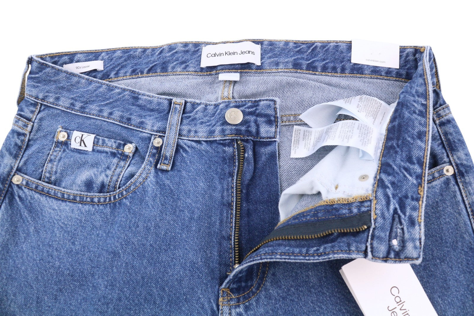 CALVIN KLEIN 90-ųjų laisvi krovininiai vyriški džinsai W29 mėlyni džinsai su užtrauktuku, laisvalaikio stiliumi 