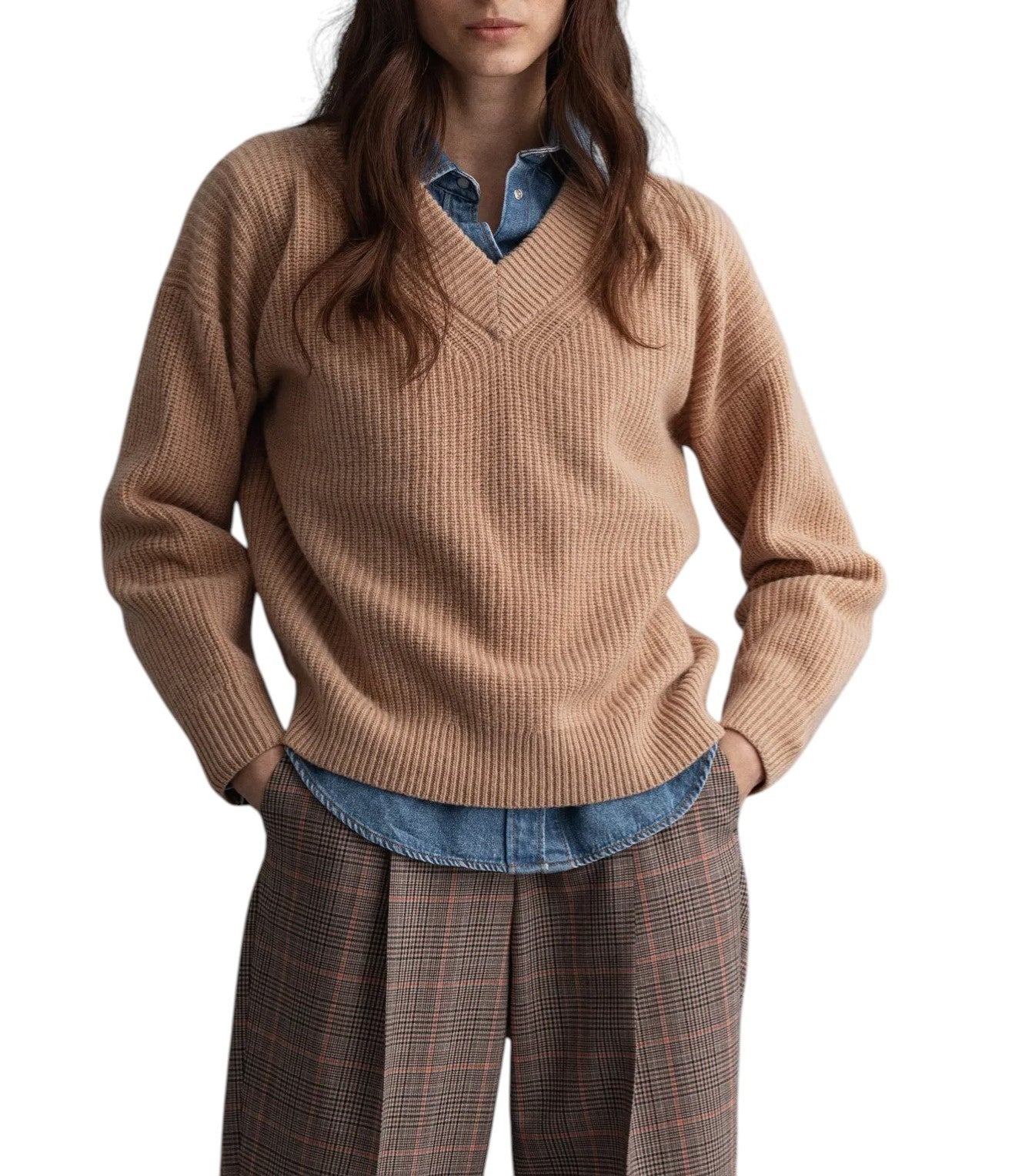 GANT vilnonis juostelių formos V formos iškirptės moteriškas megztinis L dydžio, smėlio spalvos, megztas, laisvo kirpimo, megztinis 