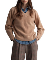 GANT vilnonis juostelių formos V formos iškirptės moteriškas megztinis L dydžio, smėlio spalvos, megztas, laisvo kirpimo, megztinis 