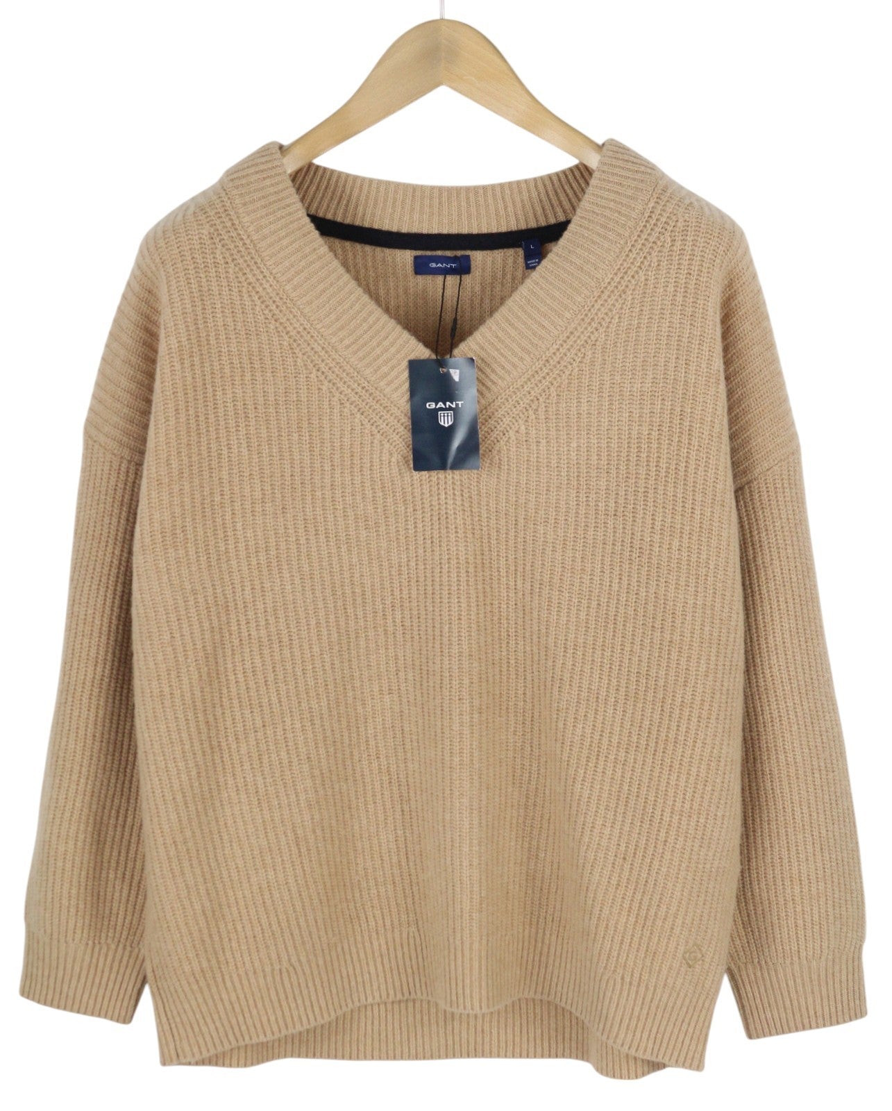 GANT vilnonis juostelių formos V formos iškirptės moteriškas megztinis L dydžio, smėlio spalvos, megztas, laisvo kirpimo, megztinis 