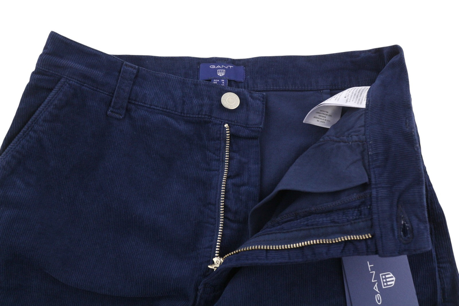 GANT moteriškas sijonas, EU36, tamsiai mėlynas velvetas, su užtrauktuku, kišenėmis, pieštuko formos, iki kelių.