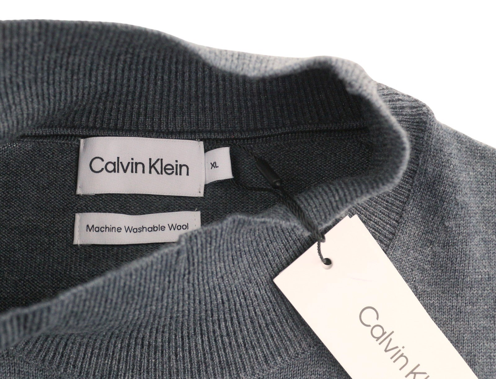 CALVIN KLEIN Merino megztinis su dirbtine apykakle, pilkas, vilnonis, tvirtas megztinis su logotipu, XL dydžio 