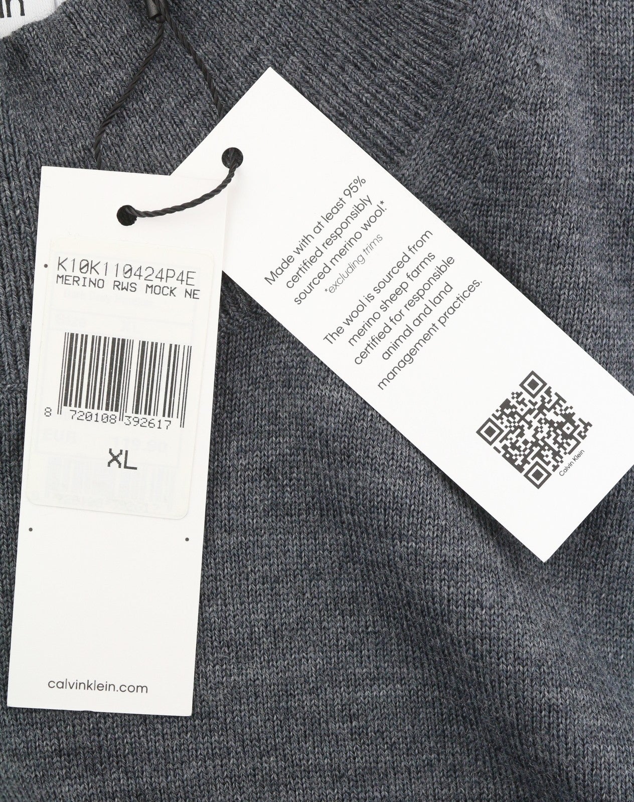 CALVIN KLEIN Merino megztinis su dirbtine apykakle, pilkas, vilnonis, tvirtas megztinis su logotipu, XL dydžio 