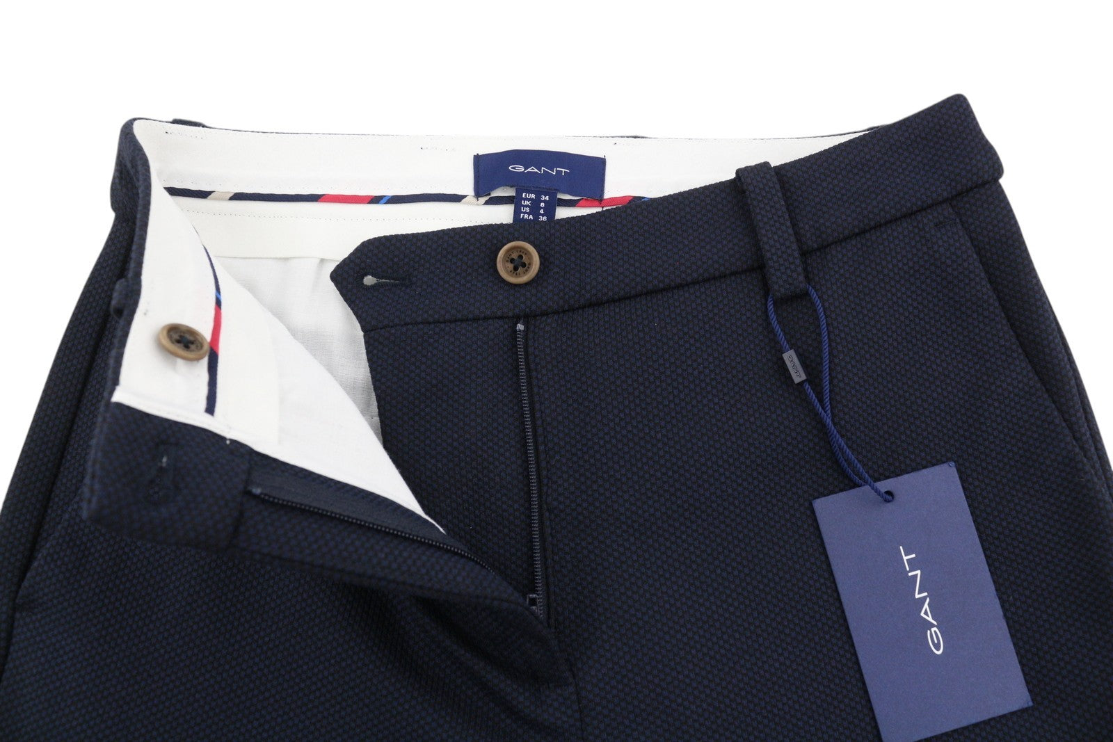 GANT Džersio Pique moteriškos kelnės EU34 mėlynos tekstūruotos tiesaus kirpimo iki kulkšnių 