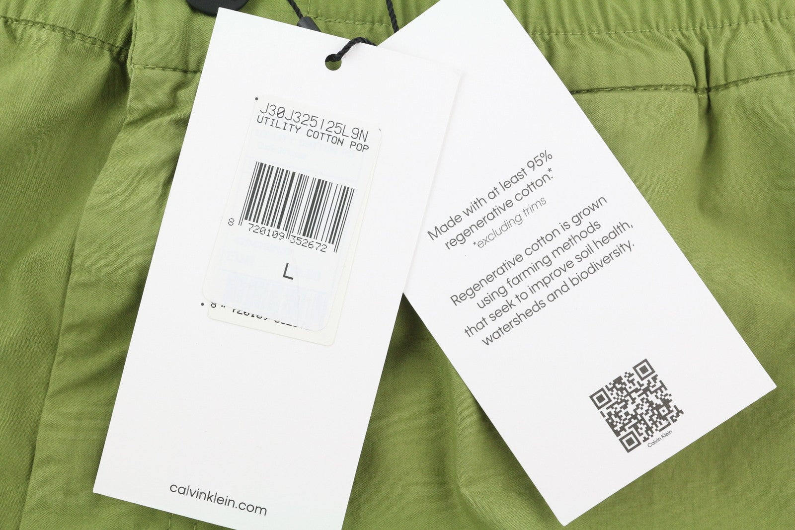 CALVIN KLEIN Utility Cotton Pop vyriškos kelnės, L dydžio, žalios, su elastingu juosmeniu, užtrauktuku.