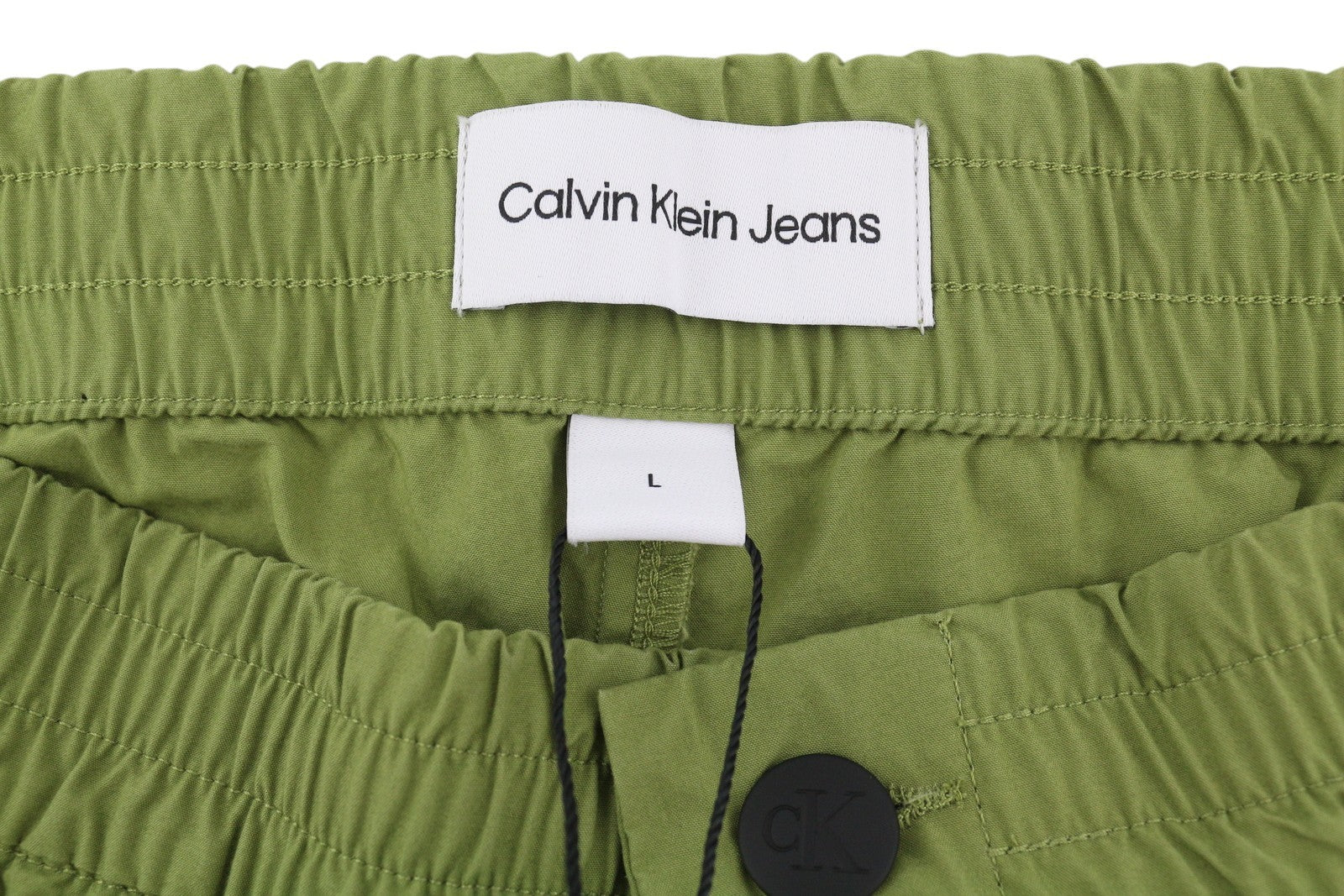 CALVIN KLEIN Utility Cotton Pop vyriškos kelnės, L dydžio, žalios, su elastingu juosmeniu, užtrauktuku.