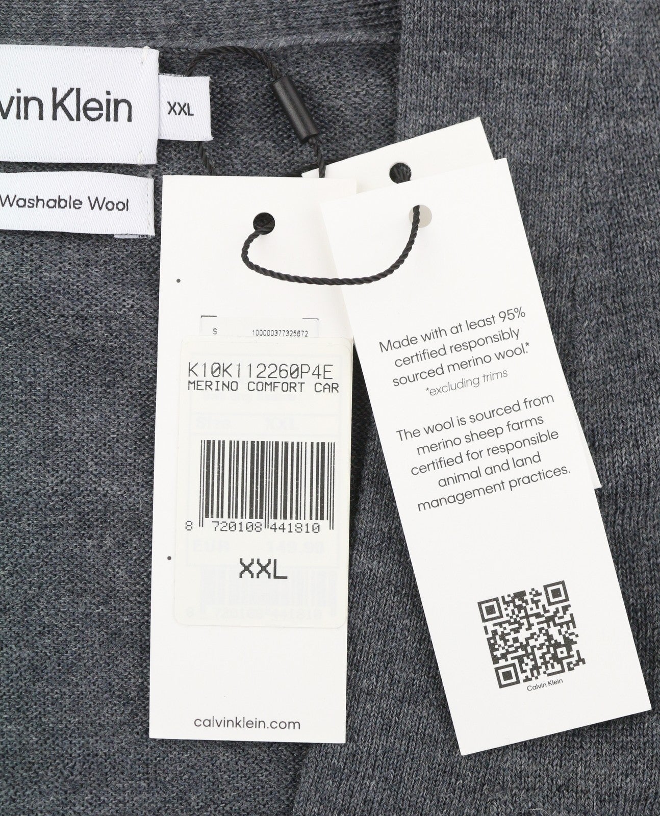 CALVIN KLEIN Merino Comfort kardiganas vyrams, 2XL, pilkas melanžas, megztas su sagomis 